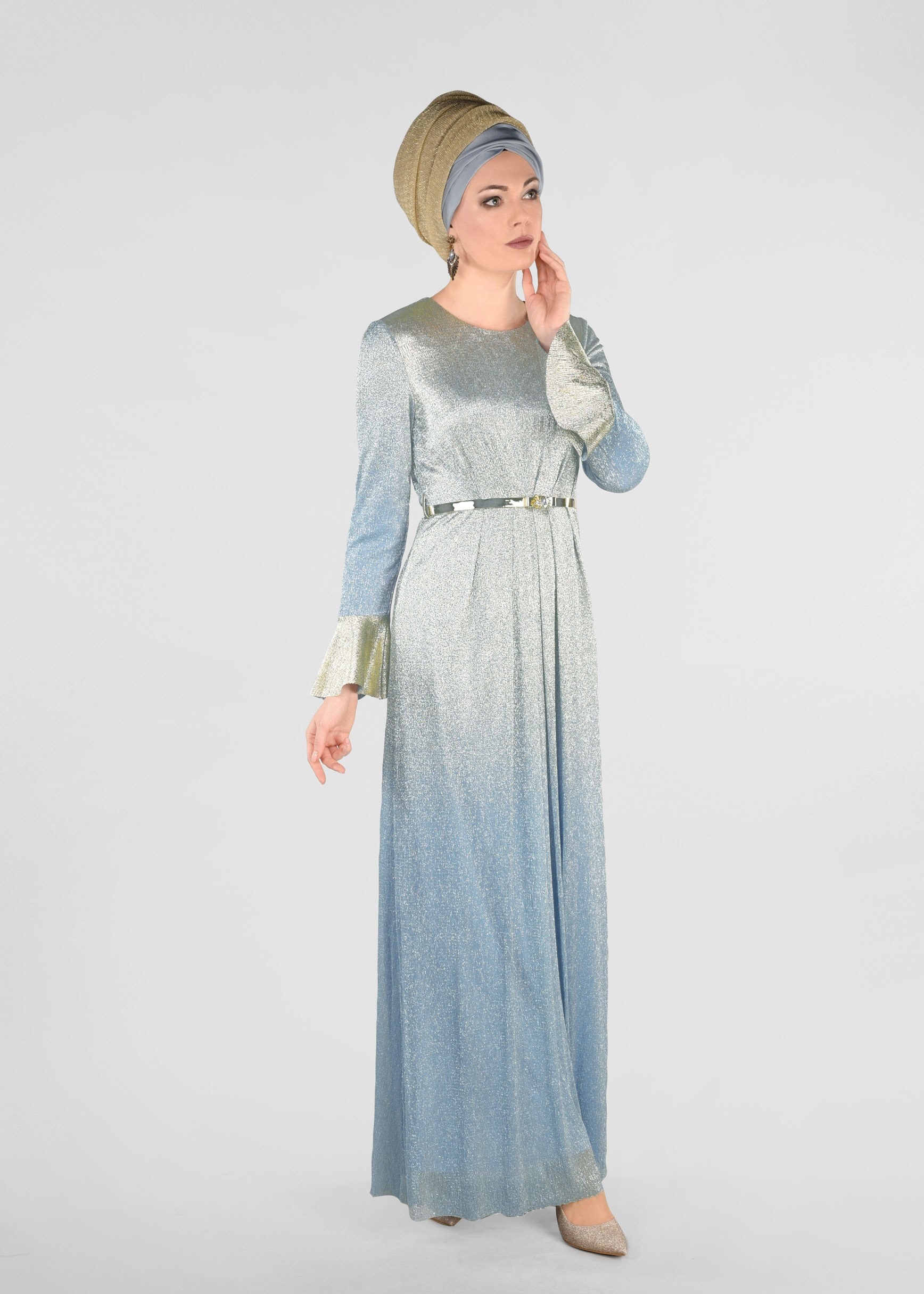 Tesettür giyim MAVİ RENK GEÇİŞLİ SİMLİ ABİYE ELBİSE 5431