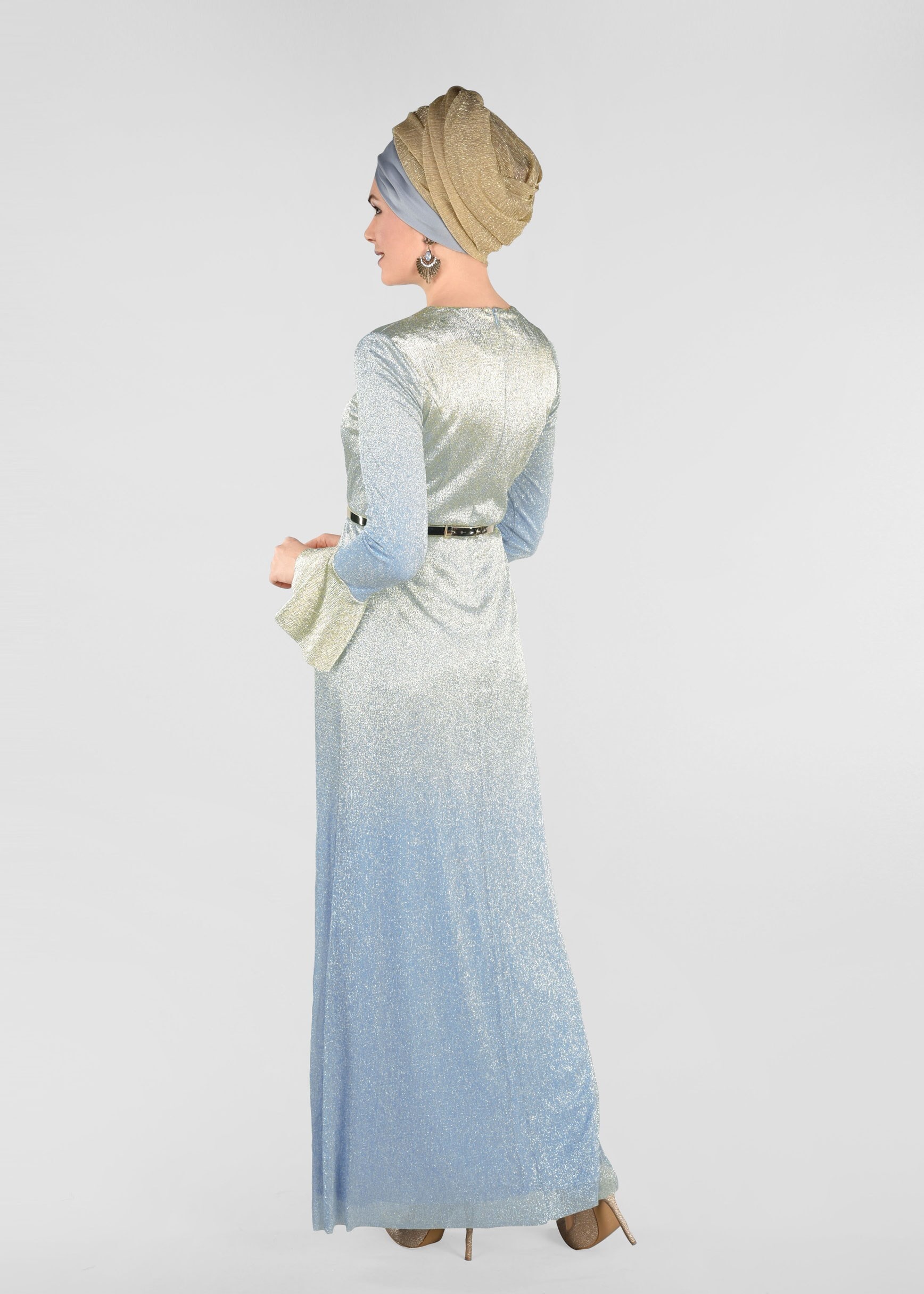 Tesettür giyim MAVİ RENK GEÇİŞLİ SİMLİ ABİYE ELBİSE 5431