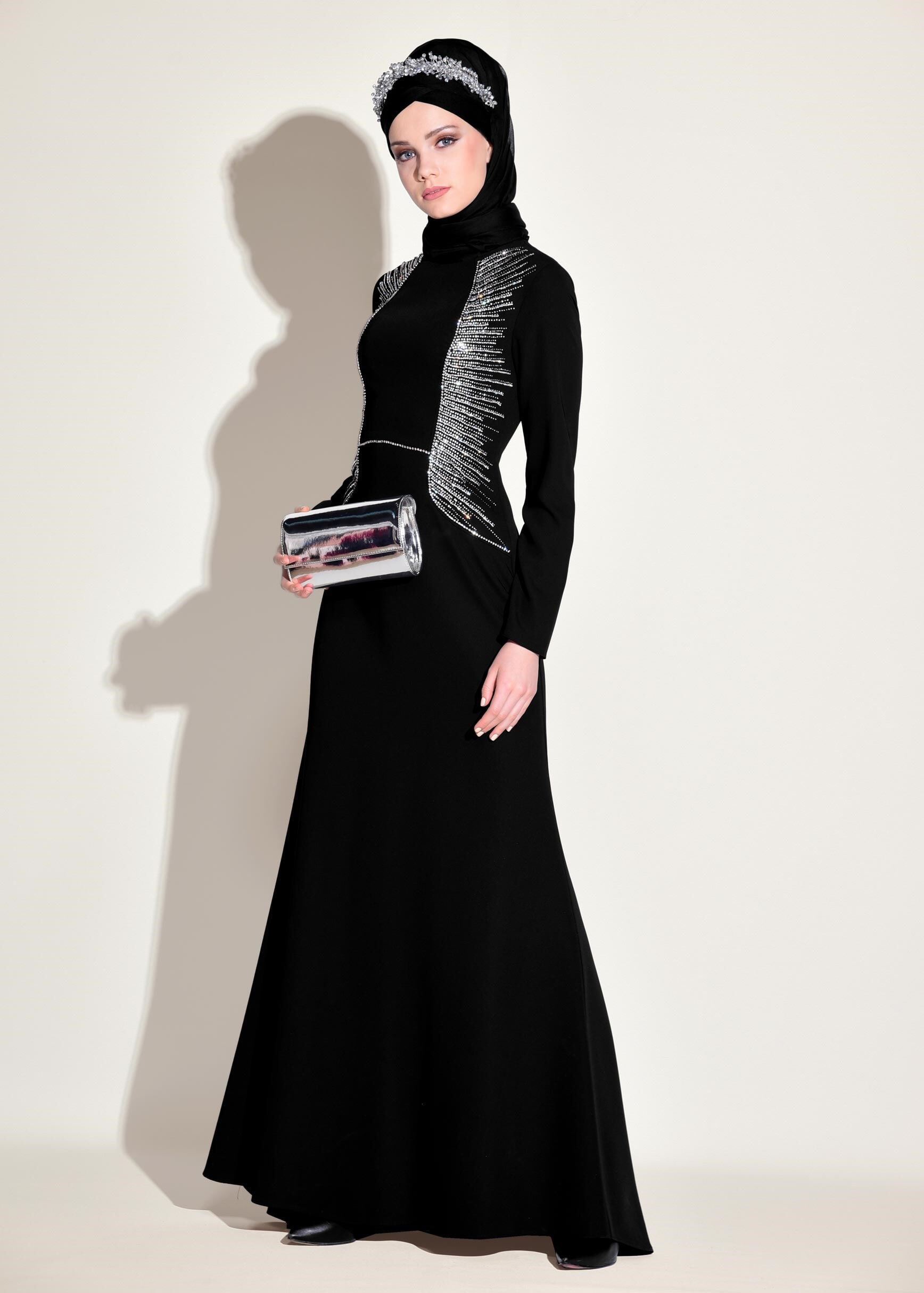 Tesettür giyim SİYAH TAŞLI ABİYE ELBİSE 5432 