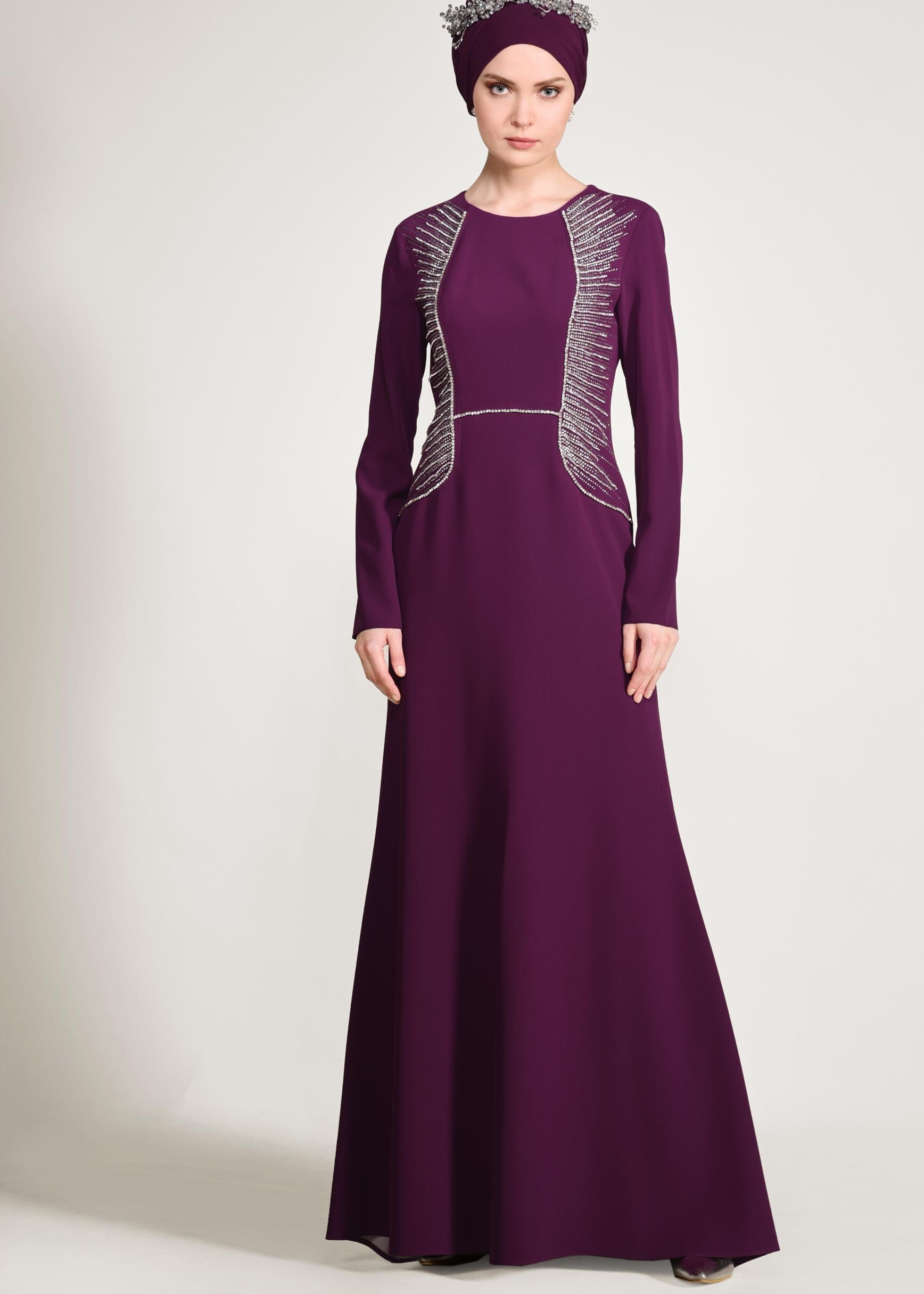 Tesettür giyim MOR TAŞLI ABİYE ELBİSE 5432 