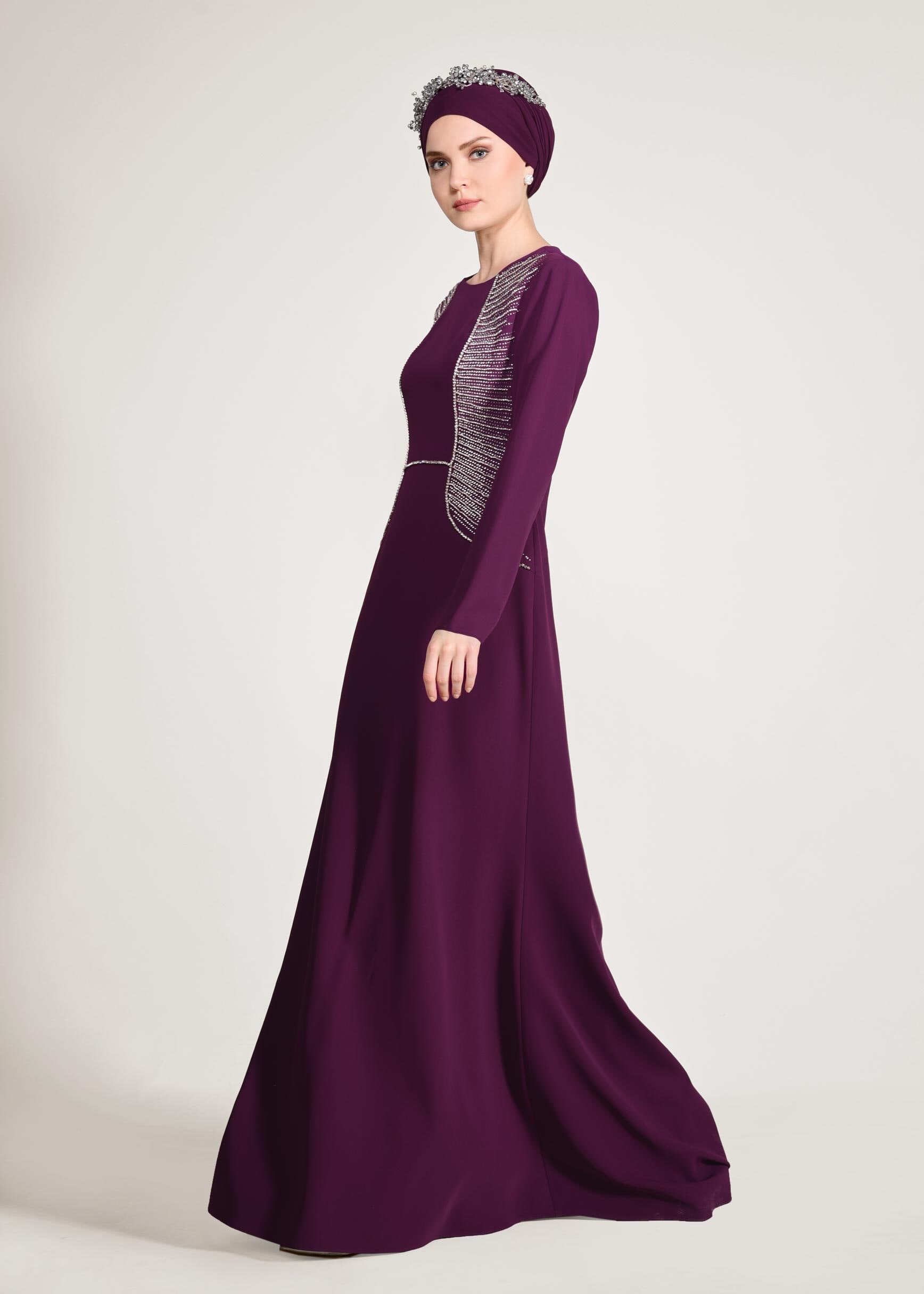 Tesettür giyim MOR TAŞLI ABİYE ELBİSE 5432 