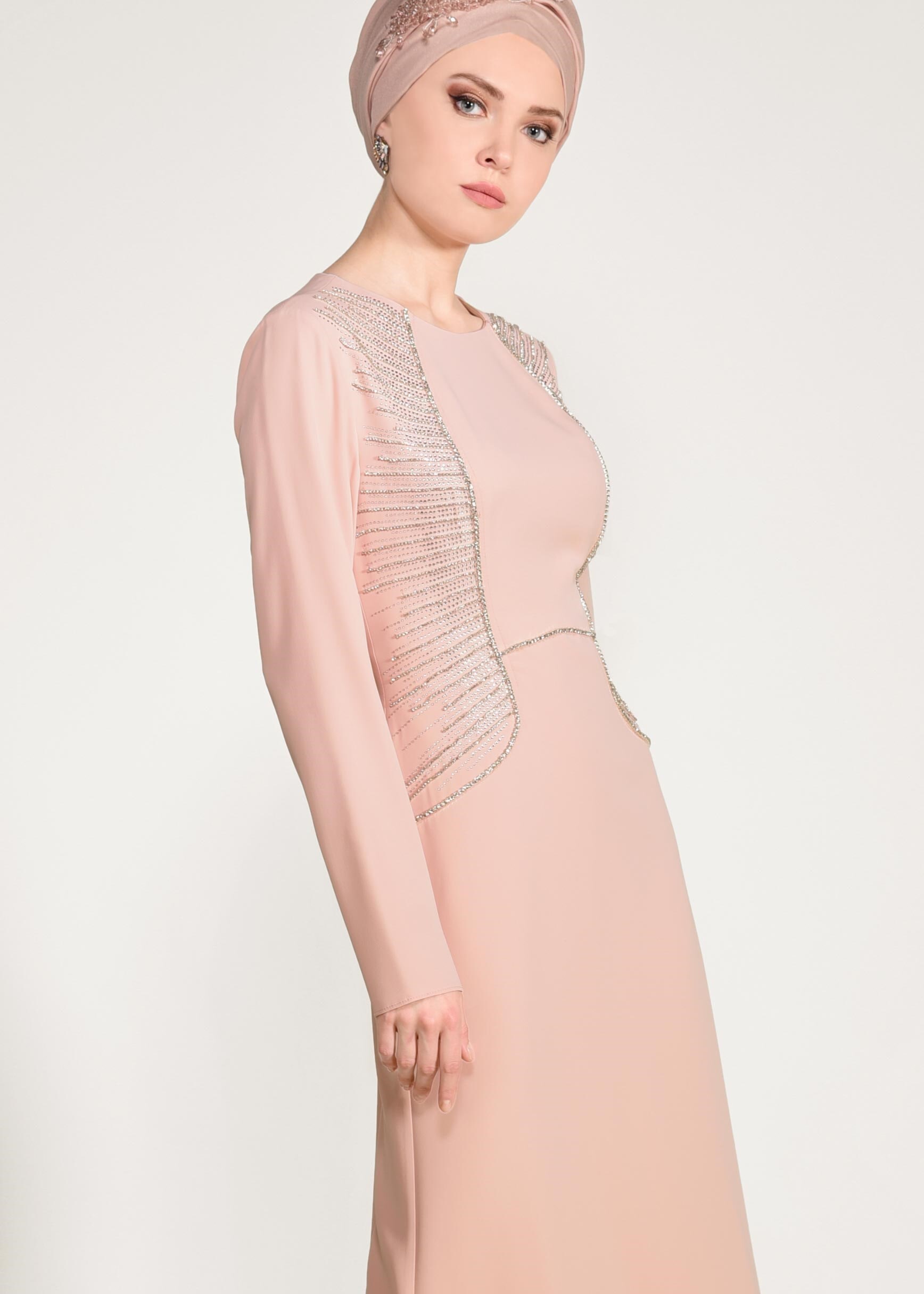 Tesettür giyim PUDRA TAŞLI ABİYE ELBİSE 5432 