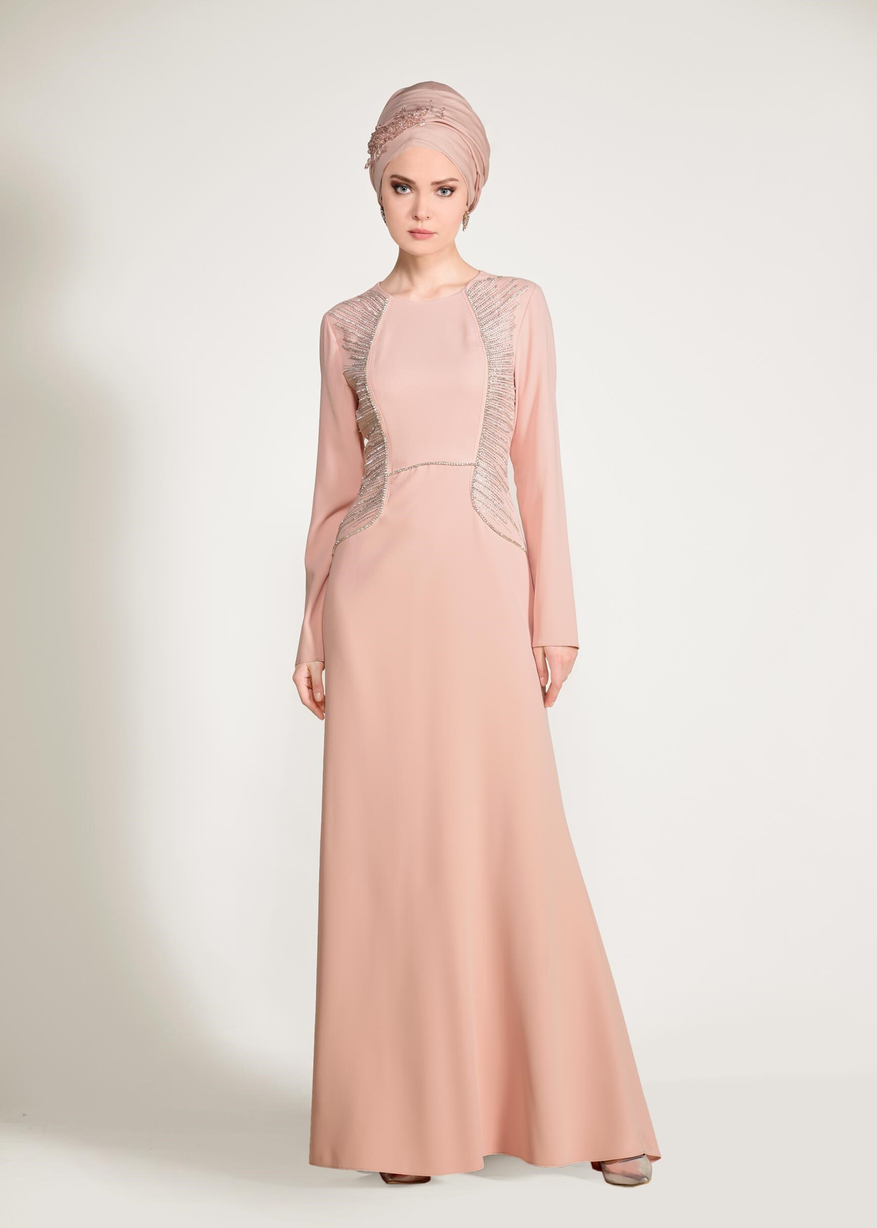 Tesettür giyim PUDRA TAŞLI ABİYE ELBİSE 5432 