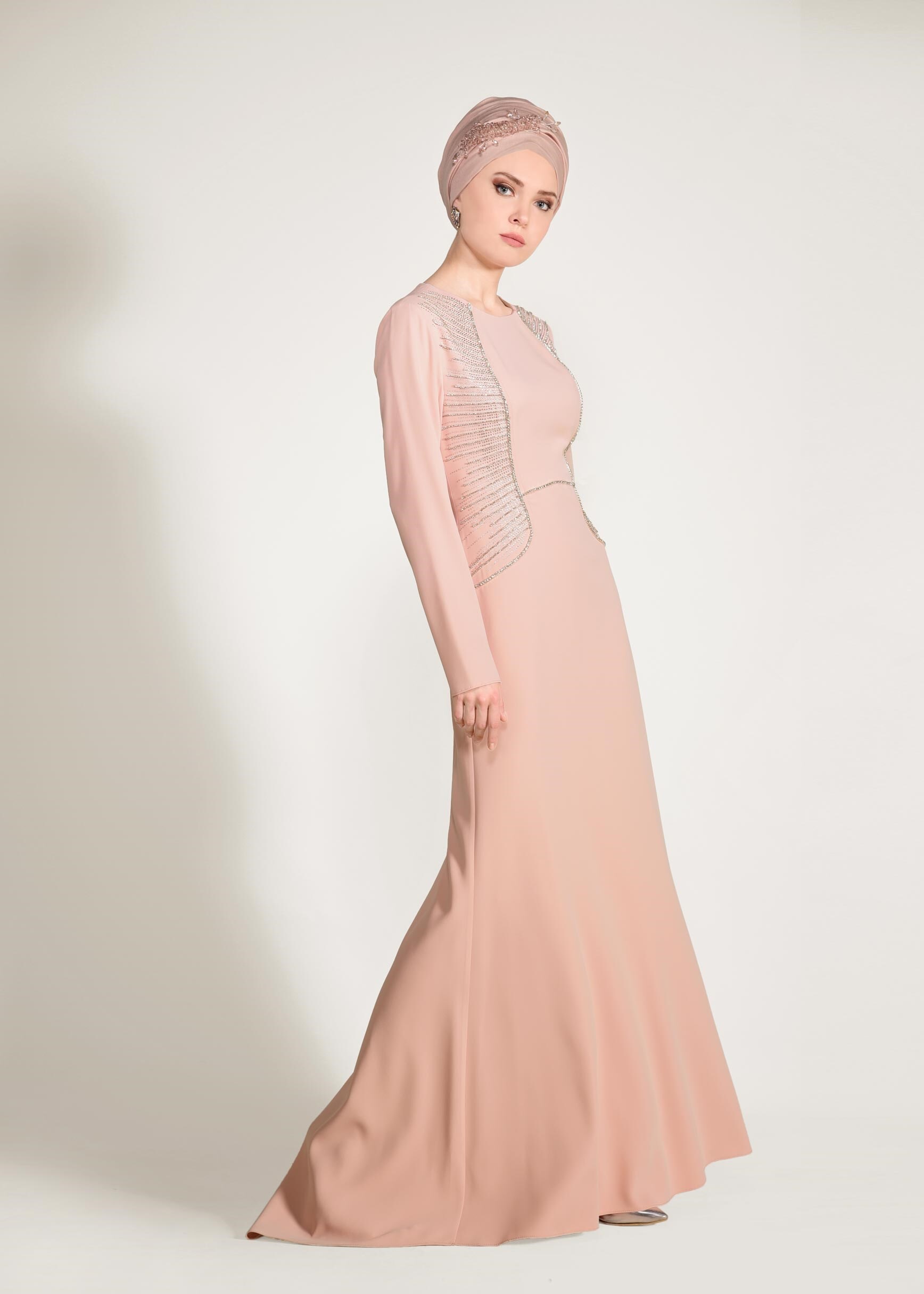 Tesettür giyim PUDRA TAŞLI ABİYE ELBİSE 5432 