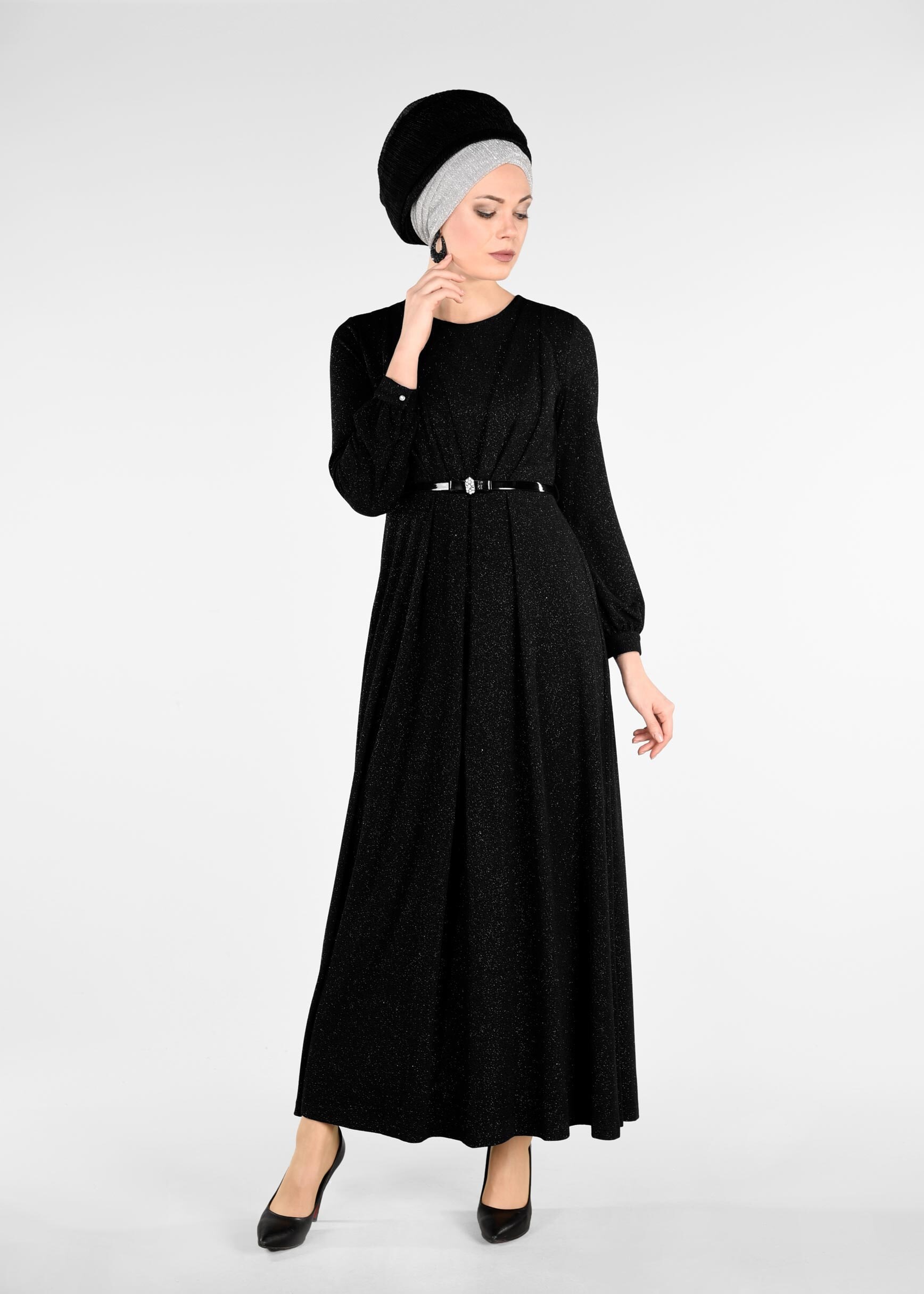 Tesettür giyim SİYAH KEMER DETAYLI SİMLİ ABİYE ELBİSE 5434