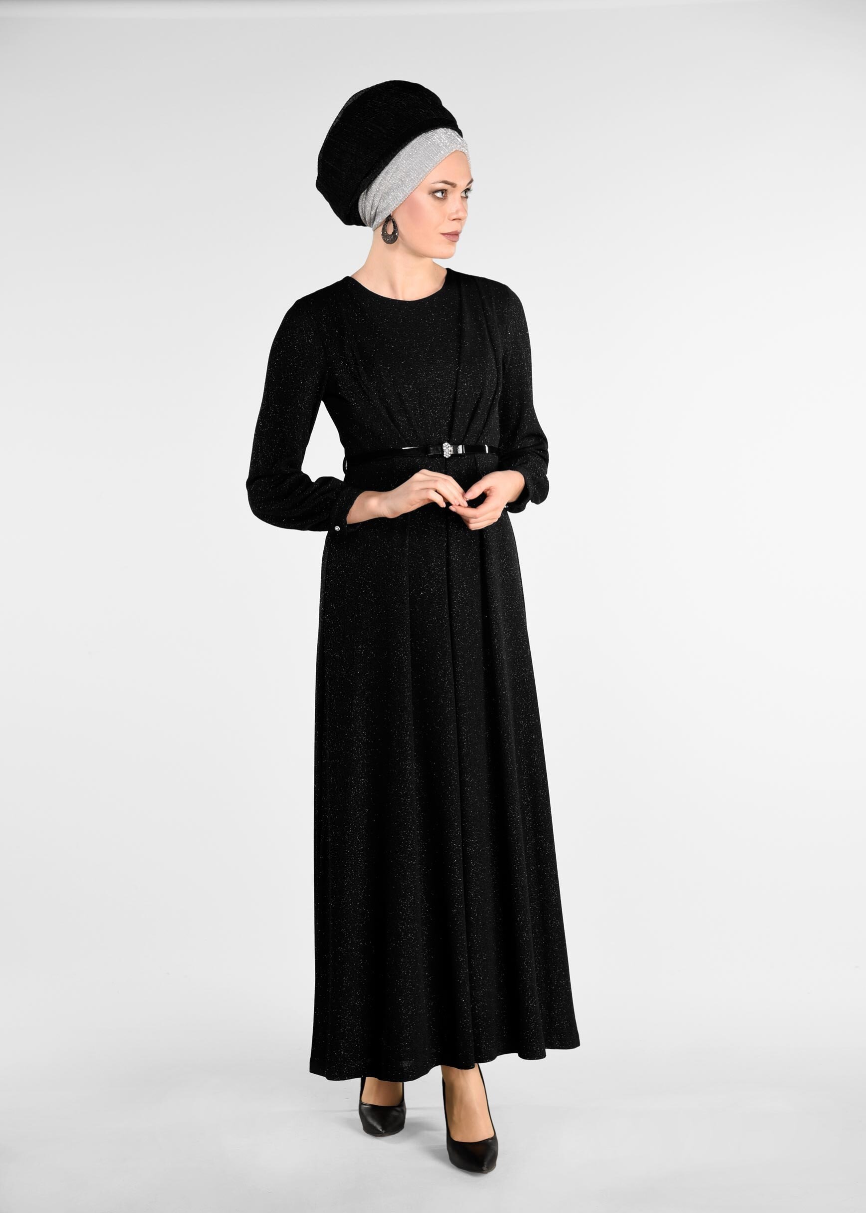 Tesettür giyim SİYAH KEMER DETAYLI SİMLİ ABİYE ELBİSE 5434