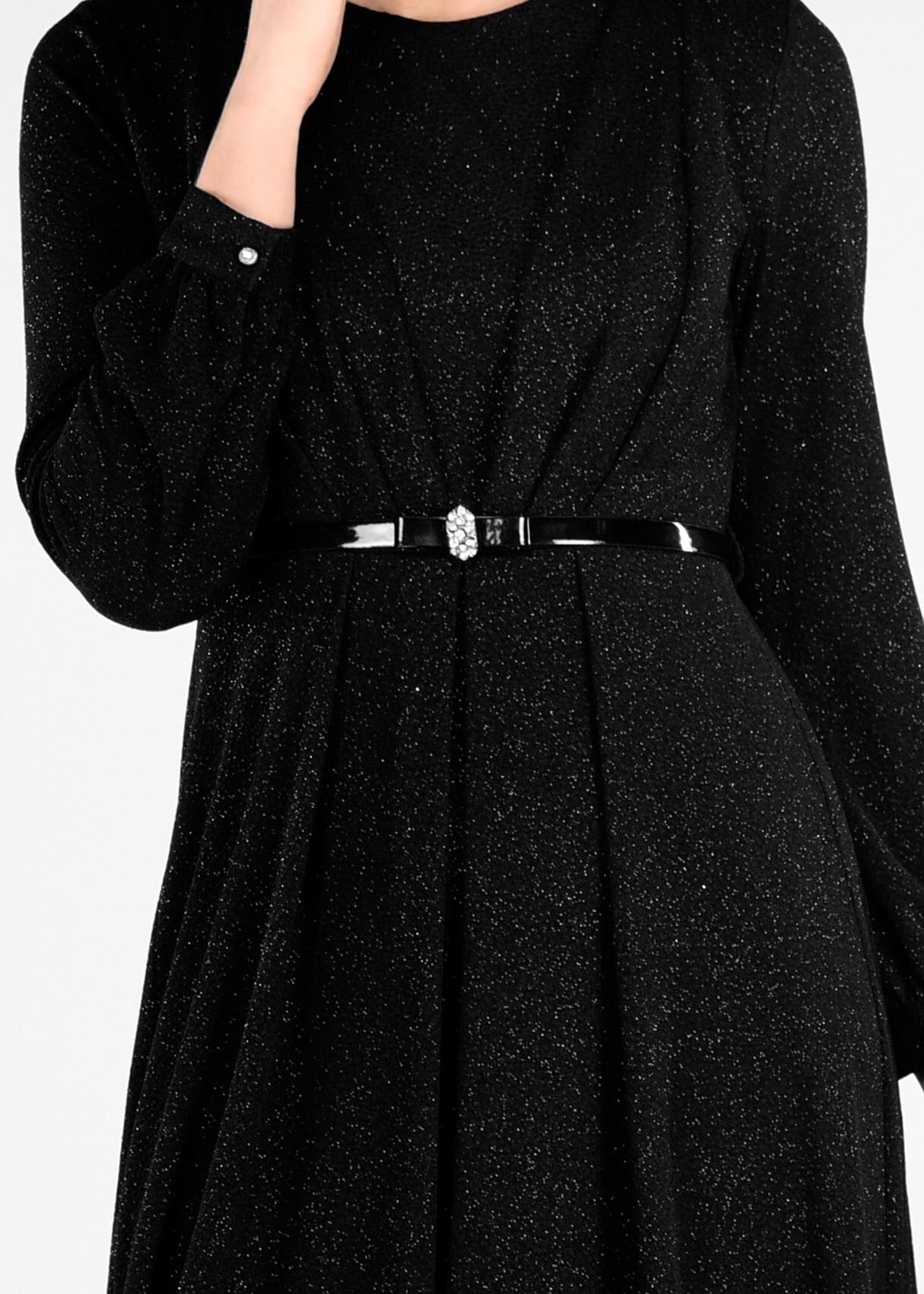 Tesettür giyim SİYAH KEMER DETAYLI SİMLİ ABİYE ELBİSE 5434