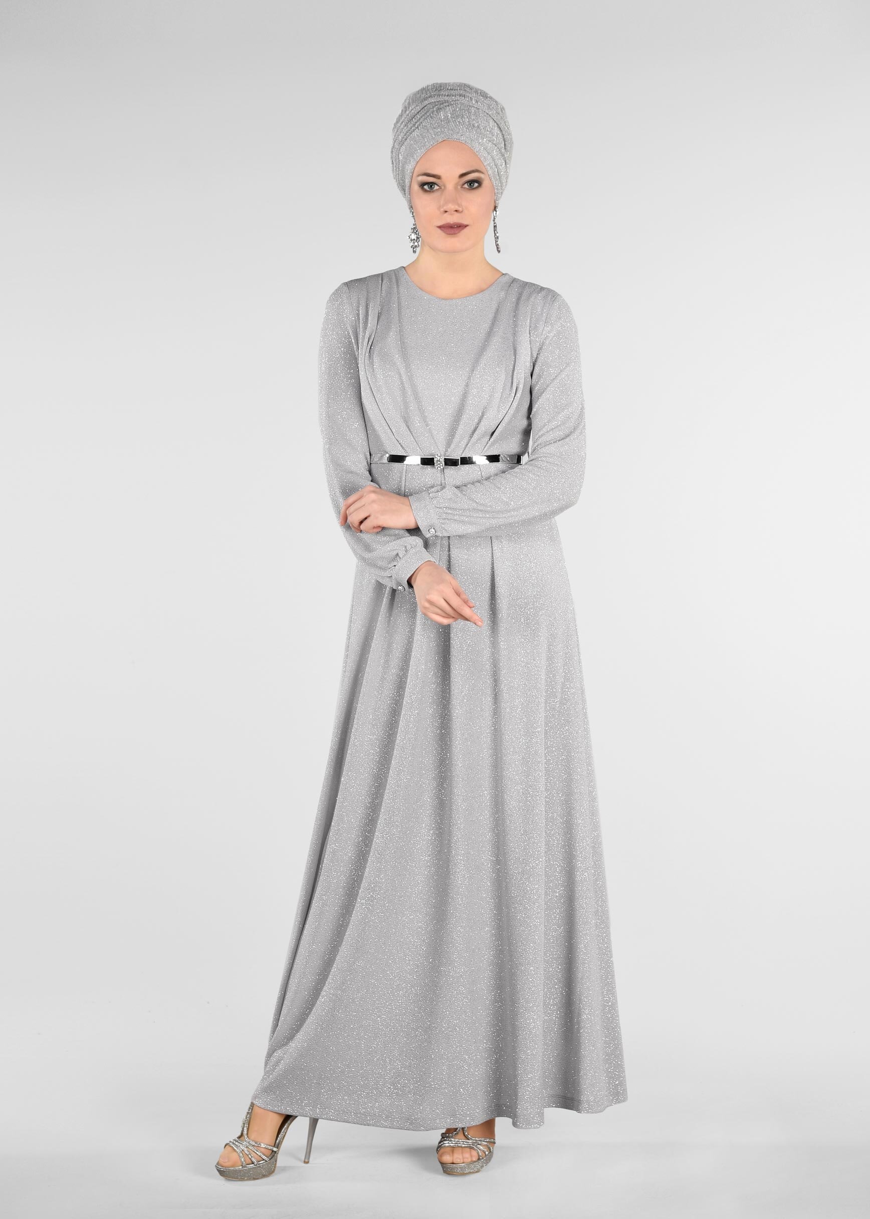 Tesettür giyim GRİ KEMER DETAYLI SİMLİ ABİYE ELBİSE 5434