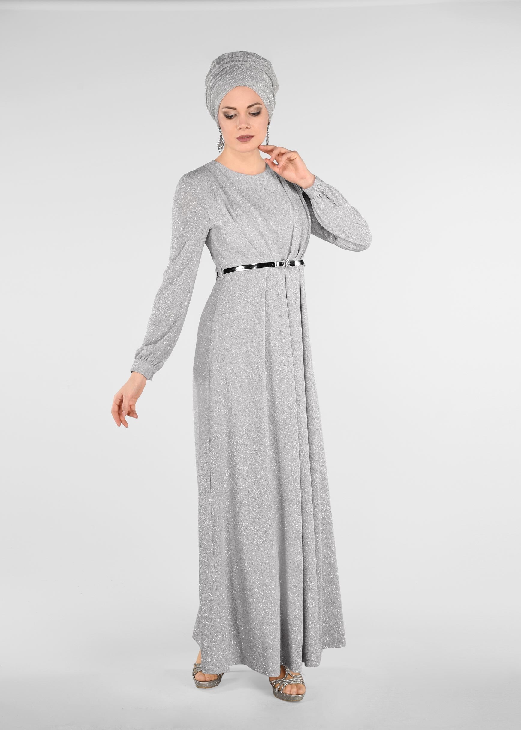 Tesettür giyim GRİ KEMER DETAYLI SİMLİ ABİYE ELBİSE 5434