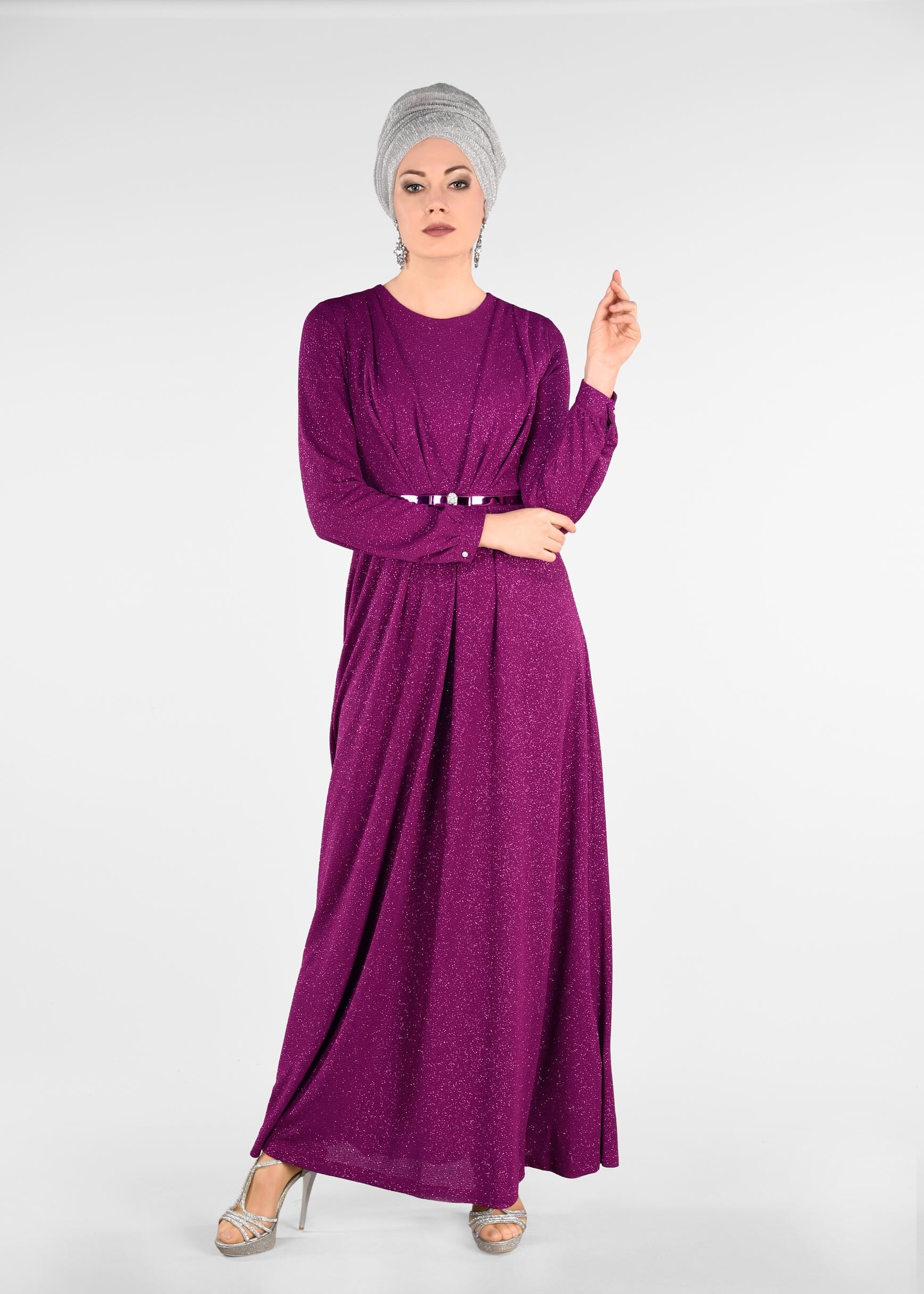 Tesettür giyim FUŞYA KEMER DETAYLI SİMLİ ABİYE ELBİSE 5434