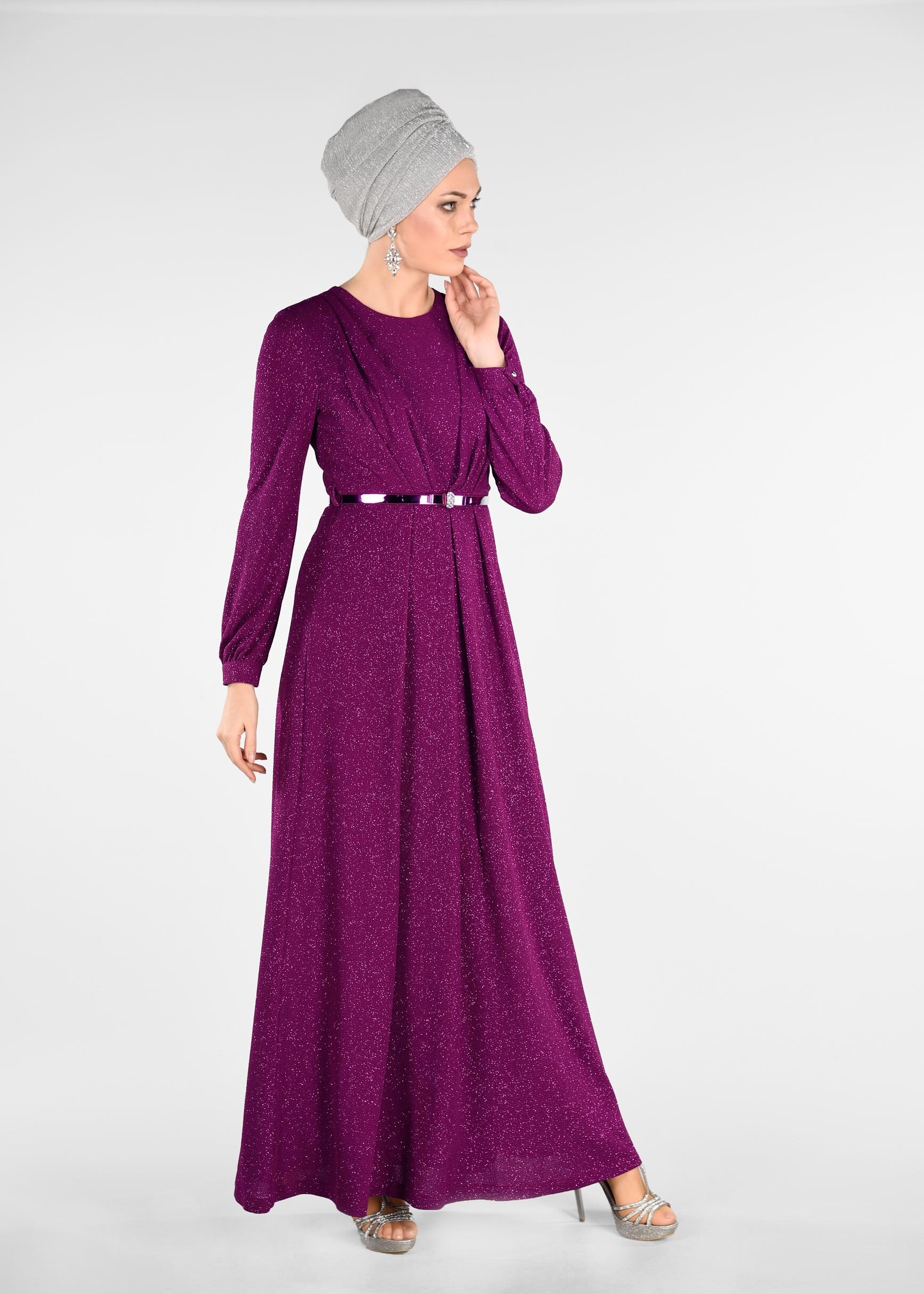 Tesettür giyim FUŞYA KEMER DETAYLI SİMLİ ABİYE ELBİSE 5434