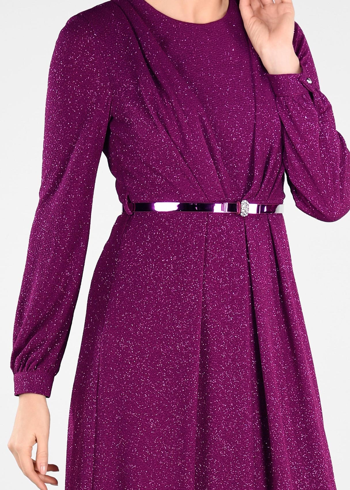 Tesettür giyim FUŞYA KEMER DETAYLI SİMLİ ABİYE ELBİSE 5434