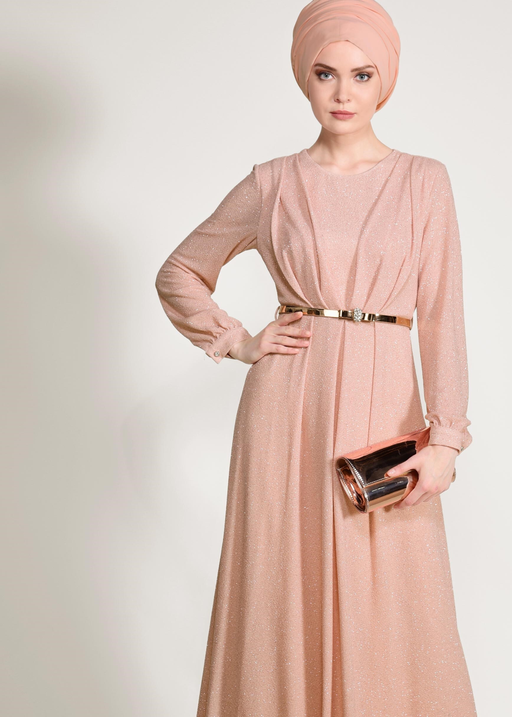 Tesettür giyim PUDRA KEMER DETAYLI SİMLİ ABİYE ELBİSE 5434