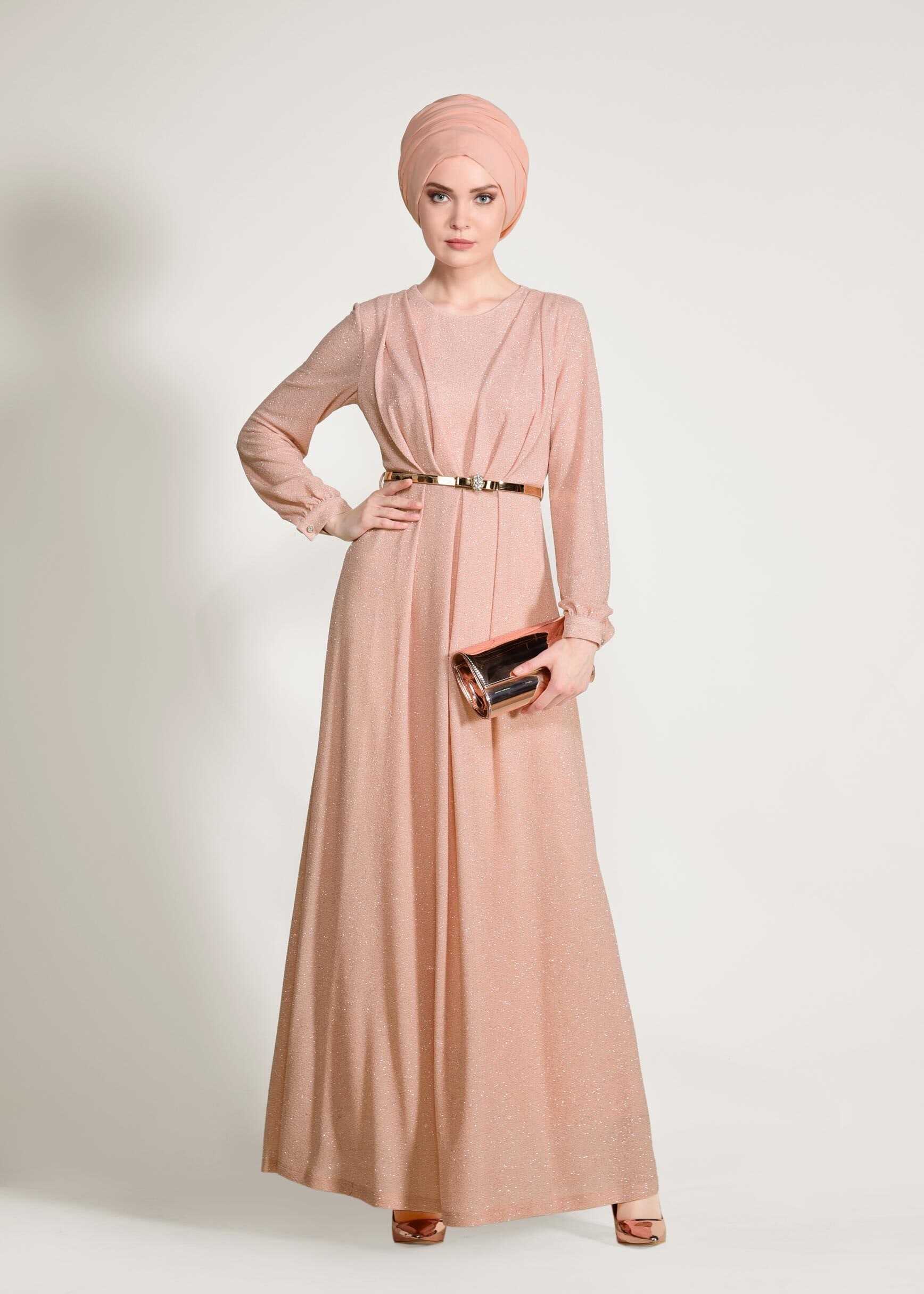 Tesettür giyim PUDRA KEMER DETAYLI SİMLİ ABİYE ELBİSE 5434