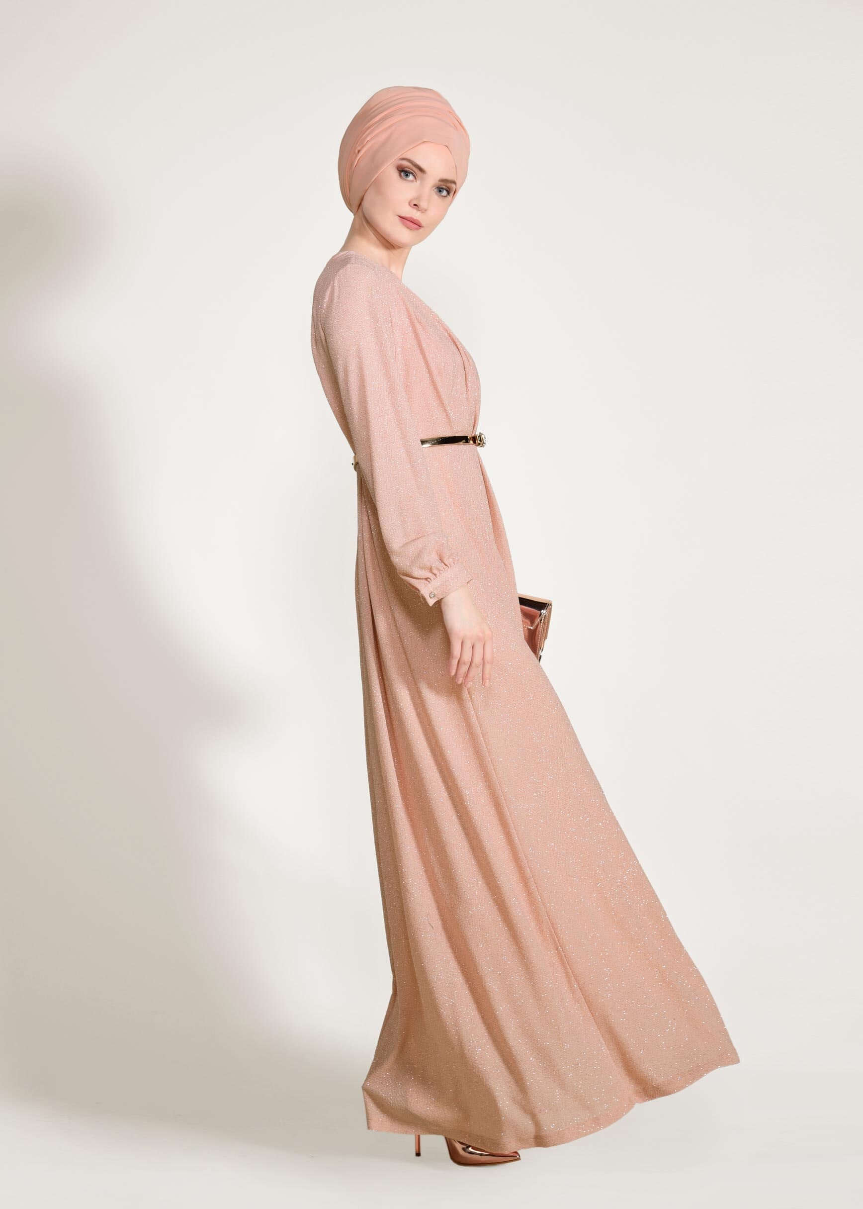 Tesettür giyim PUDRA KEMER DETAYLI SİMLİ ABİYE ELBİSE 5434