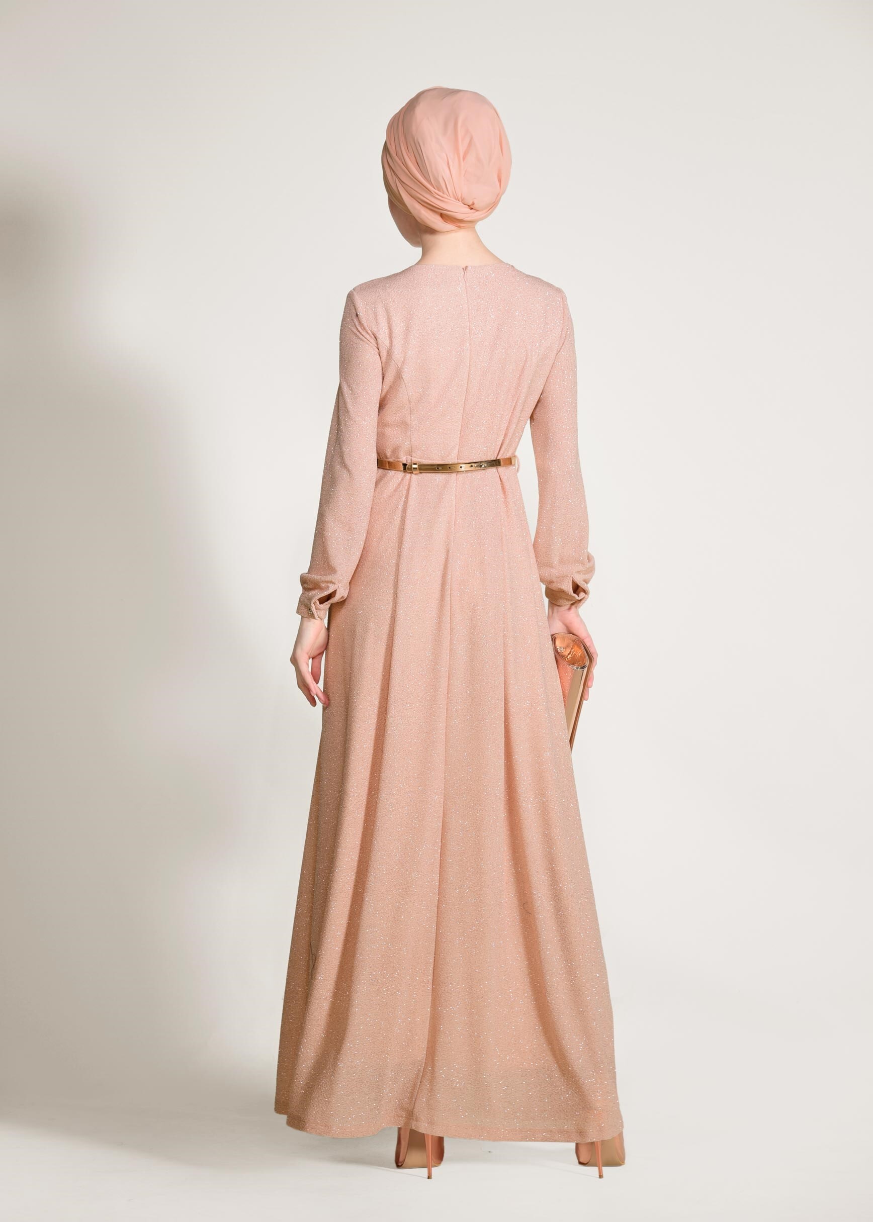 Tesettür giyim PUDRA KEMER DETAYLI SİMLİ ABİYE ELBİSE 5434