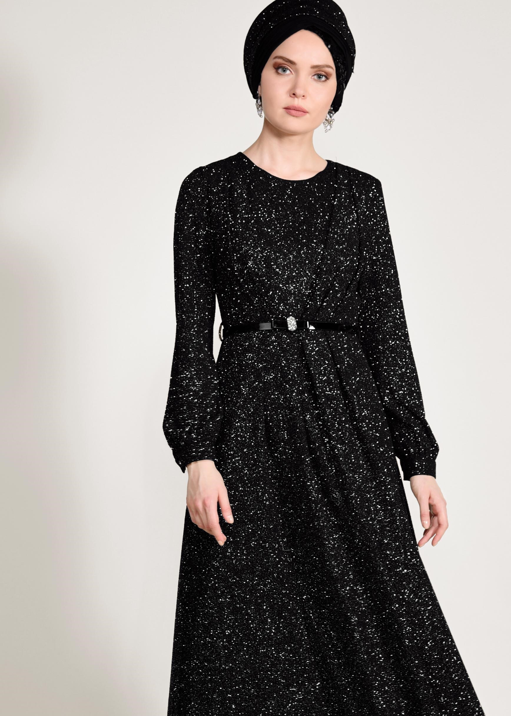 Tesettür giyim SİYAH KEMER DETAYLI SİMLİ ABİYE ELBİSE 5434