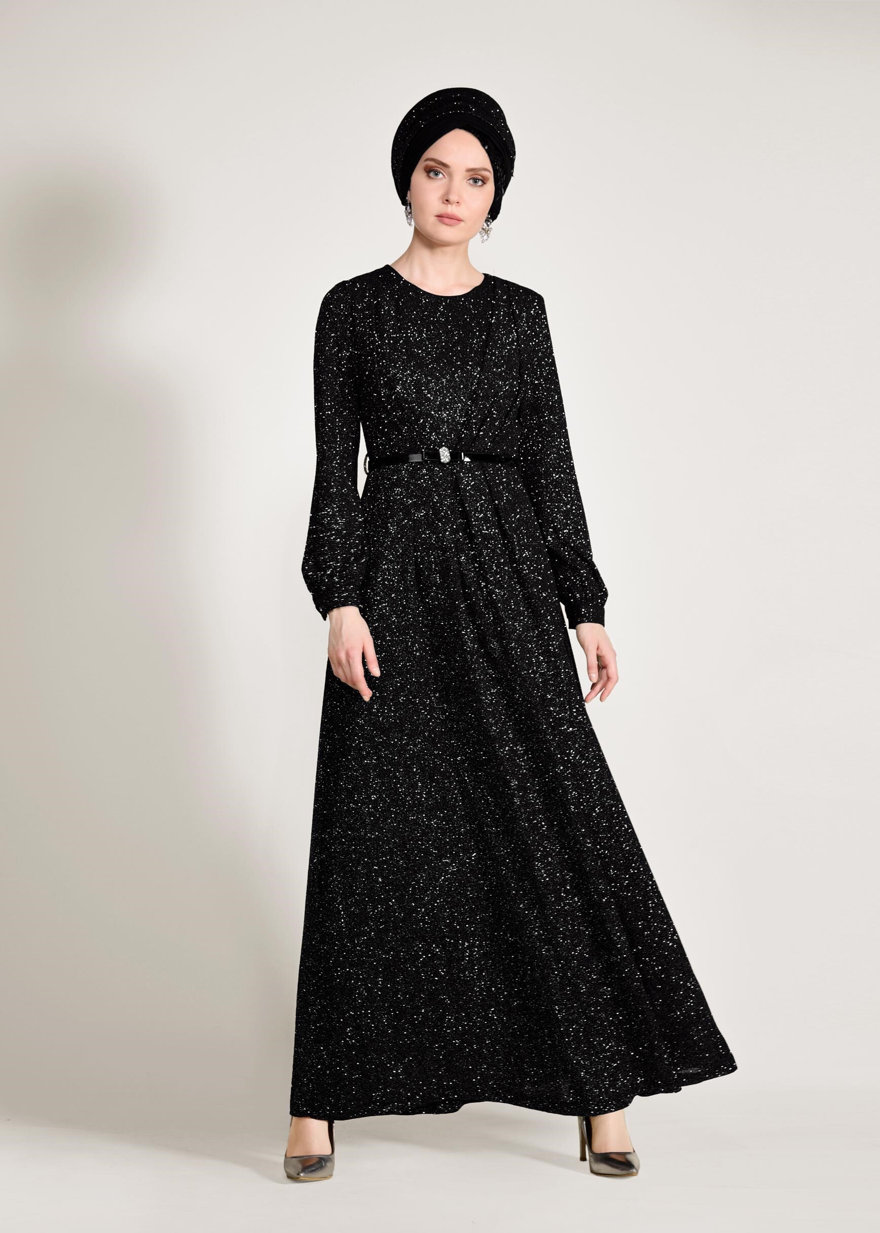 Tesettür giyim SİYAH KEMER DETAYLI SİMLİ ABİYE ELBİSE 5434