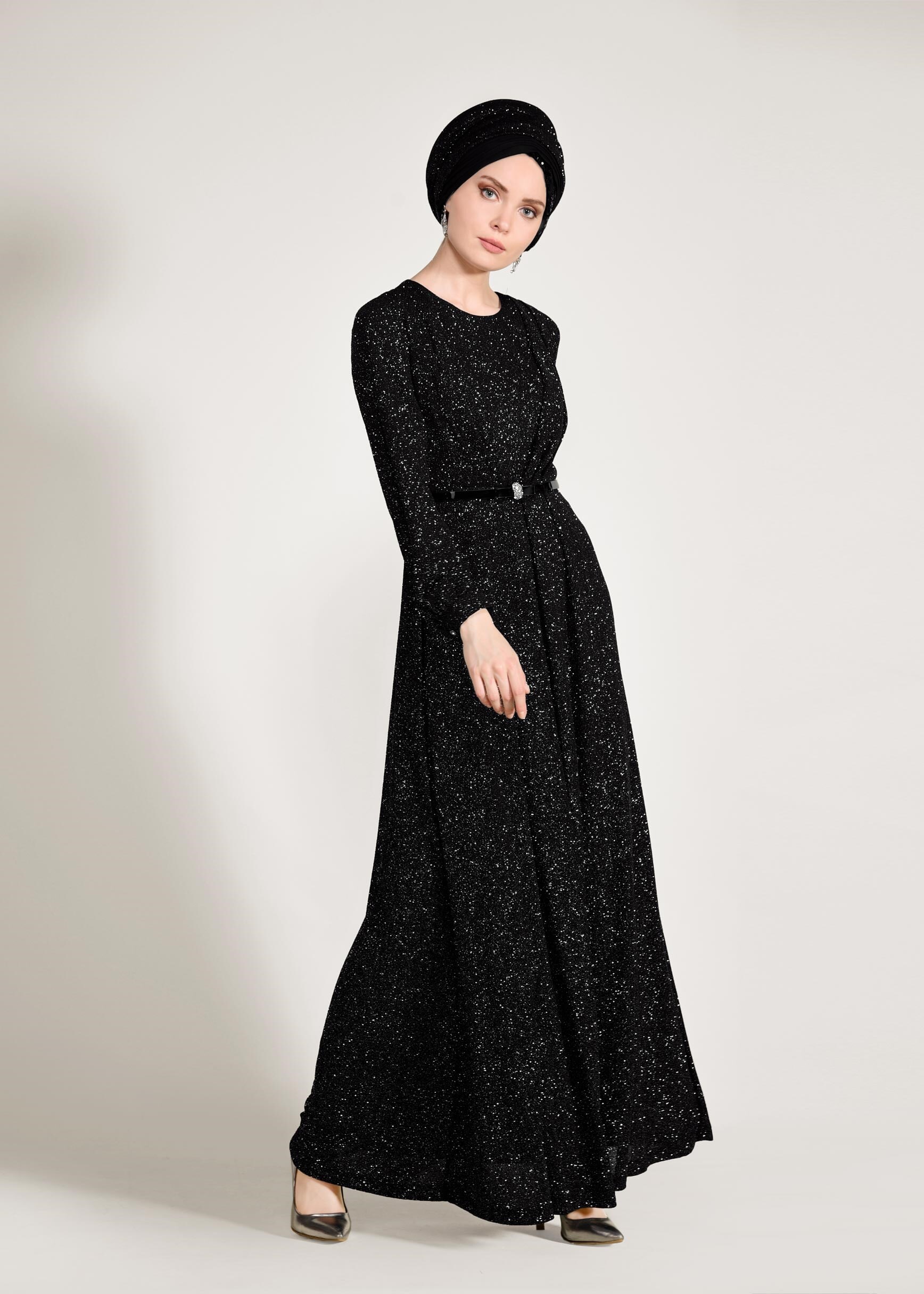 Tesettür giyim SİYAH KEMER DETAYLI SİMLİ ABİYE ELBİSE 5434