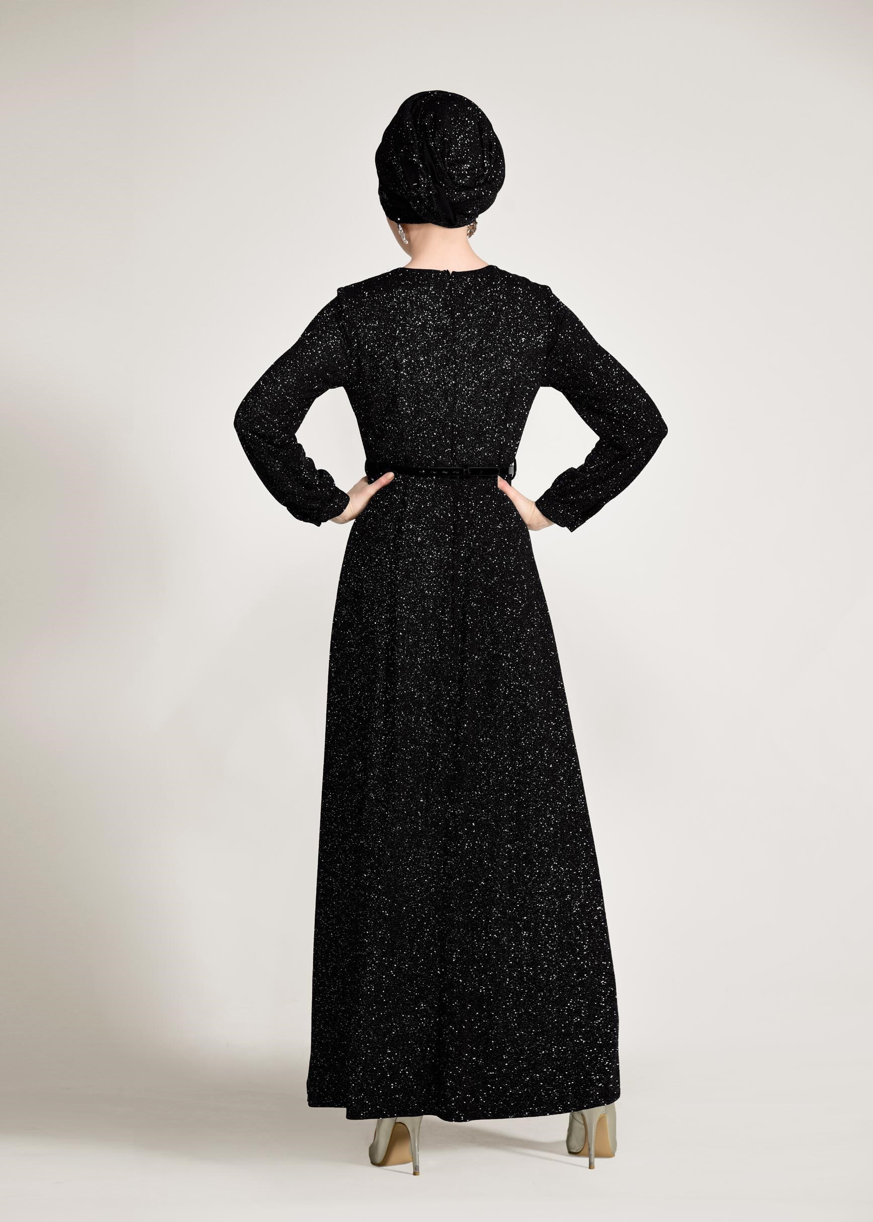 Tesettür giyim SİYAH KEMER DETAYLI SİMLİ ABİYE ELBİSE 5434