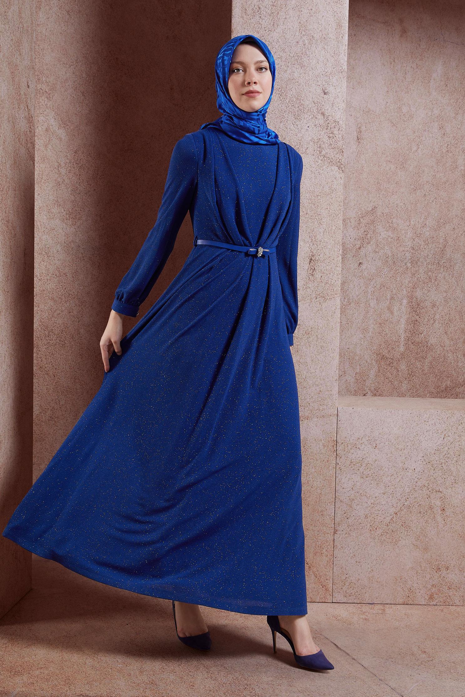 Tesettür giyim LACİVERT KEMER DETAYLI SİMLİ ABİYE ELBİSE 5434