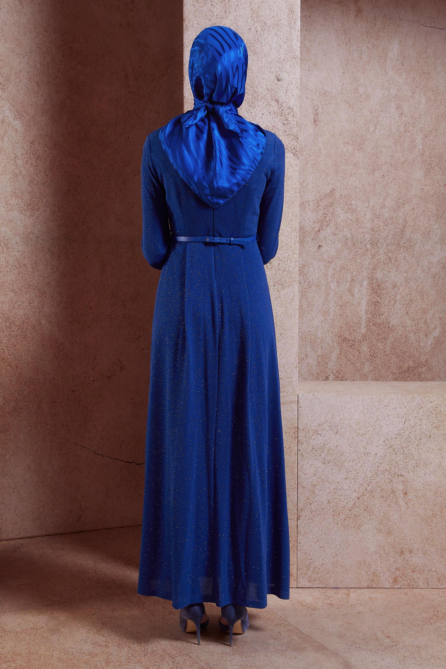 Tesettür giyim LACİVERT KEMER DETAYLI SİMLİ ABİYE ELBİSE 5434