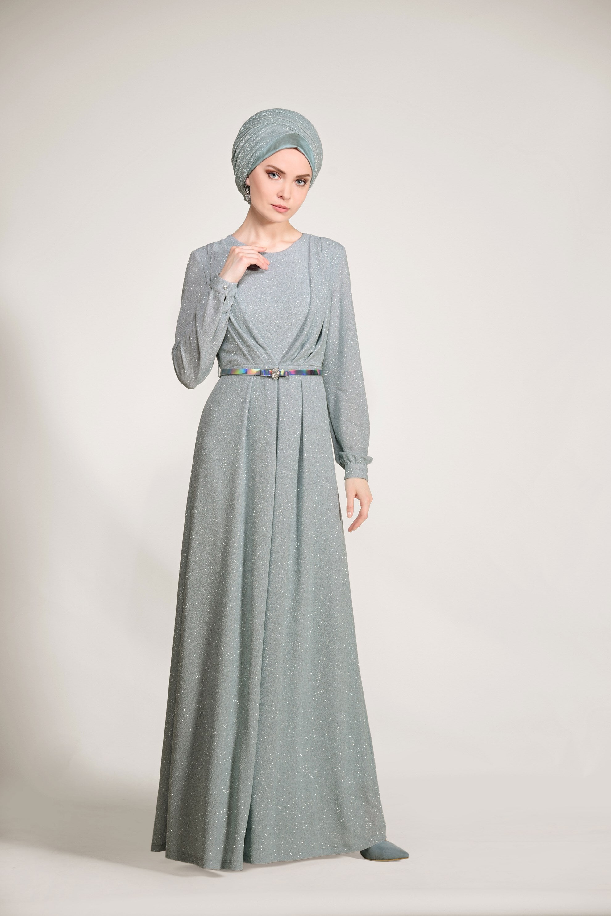 Tesettür giyim MAVİ KEMER DETAYLI SİMLİ ABİYE ELBİSE 5434