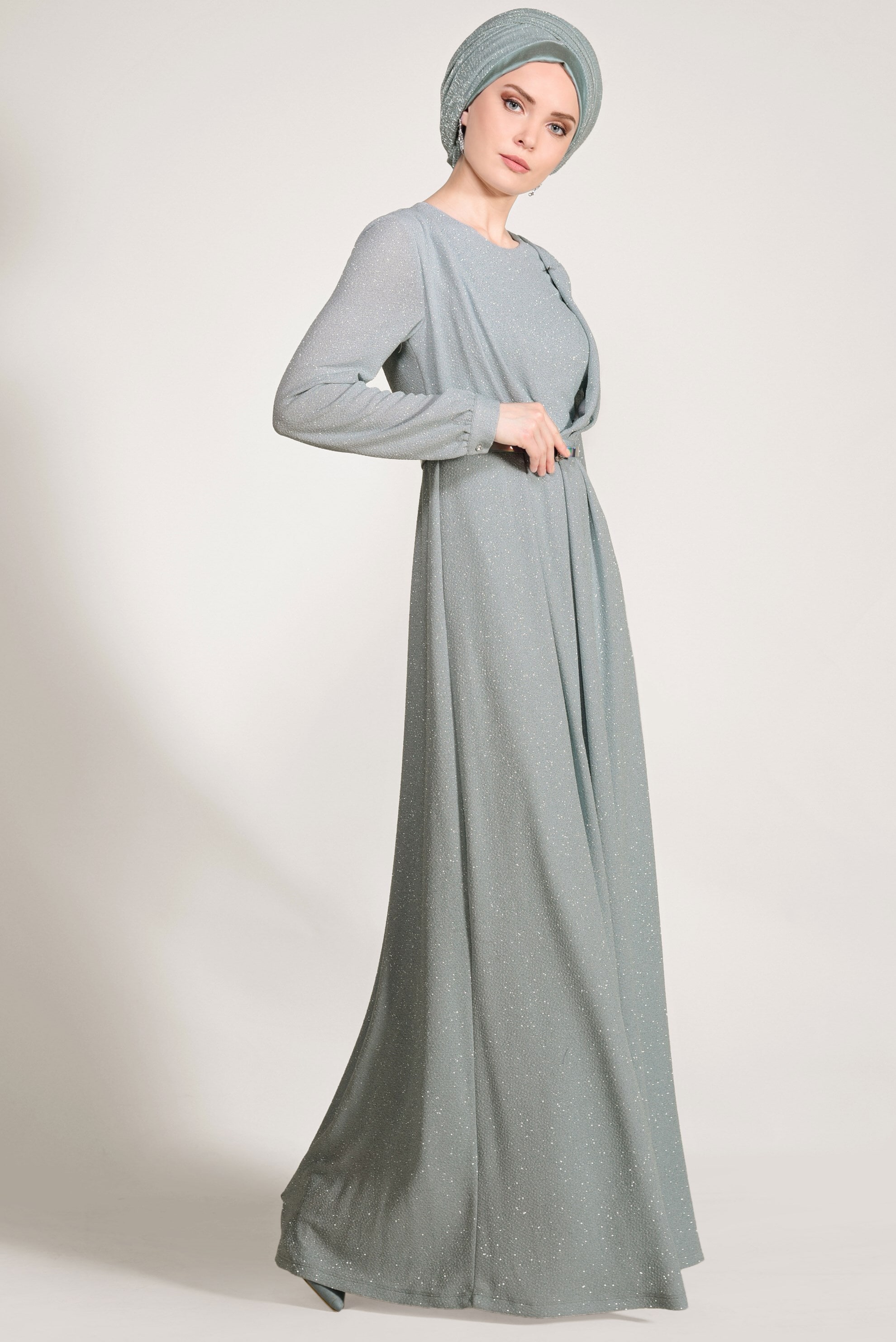 Tesettür giyim MAVİ KEMER DETAYLI SİMLİ ABİYE ELBİSE 5434