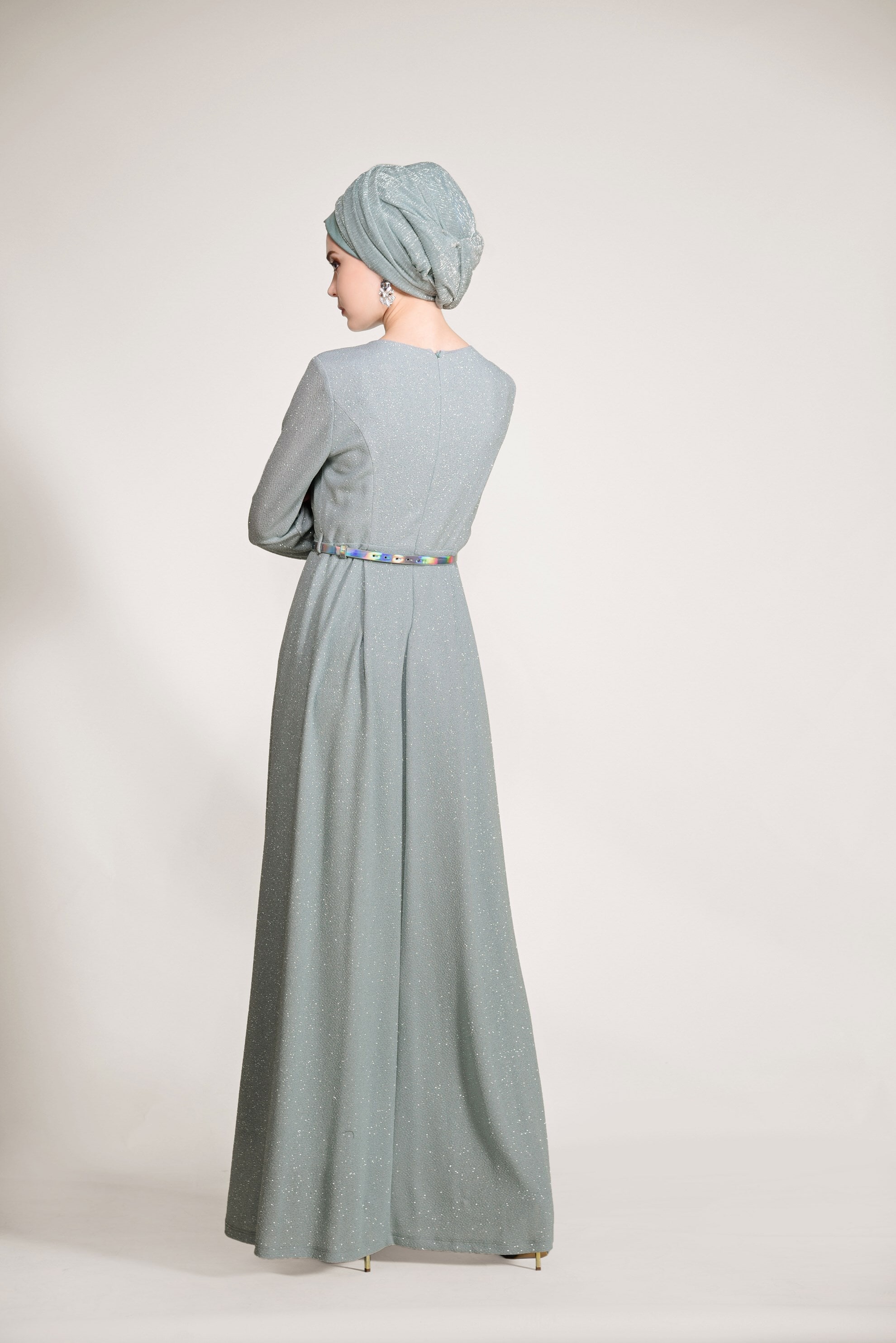 Tesettür giyim MAVİ KEMER DETAYLI SİMLİ ABİYE ELBİSE 5434