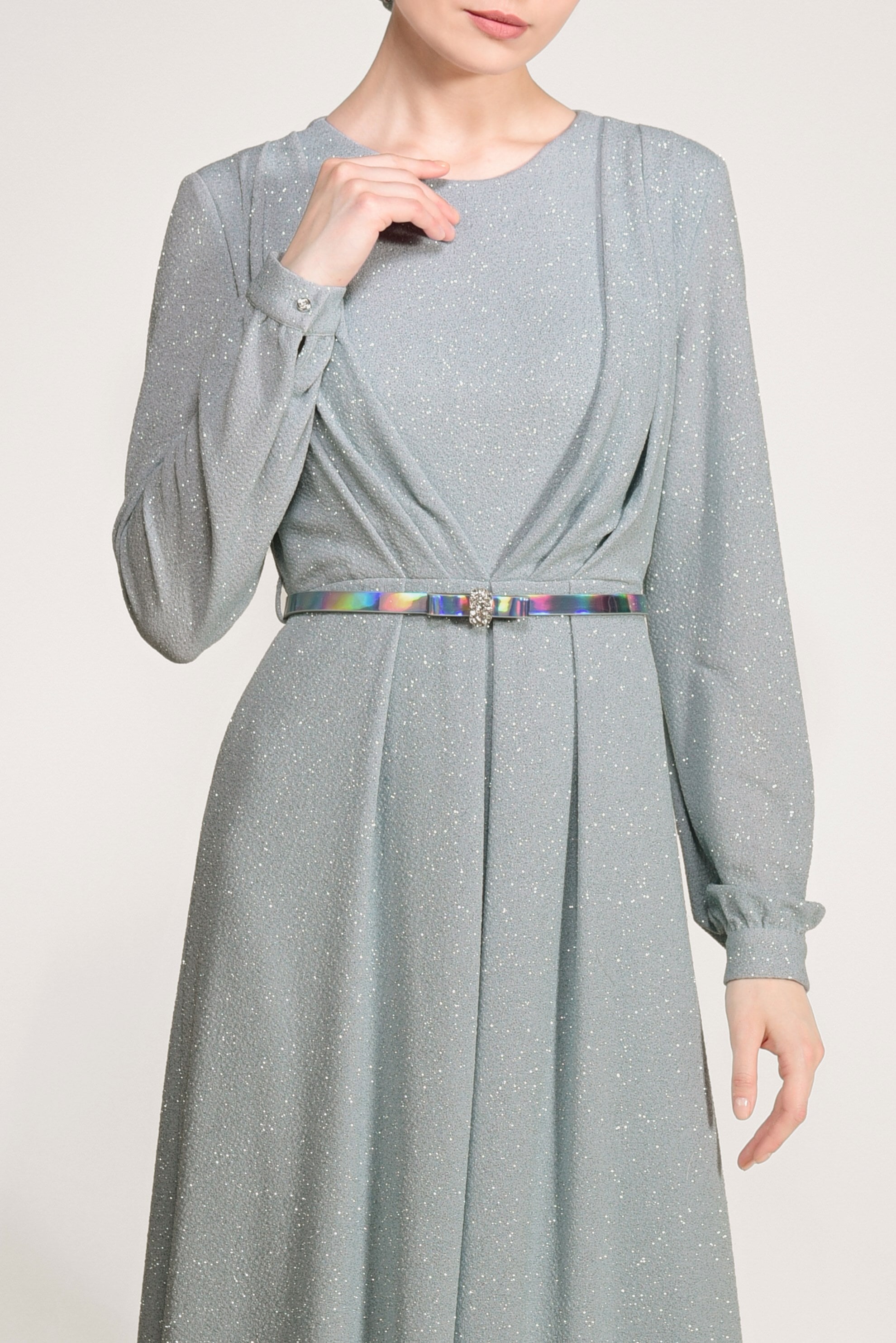 Tesettür giyim MAVİ KEMER DETAYLI SİMLİ ABİYE ELBİSE 5434