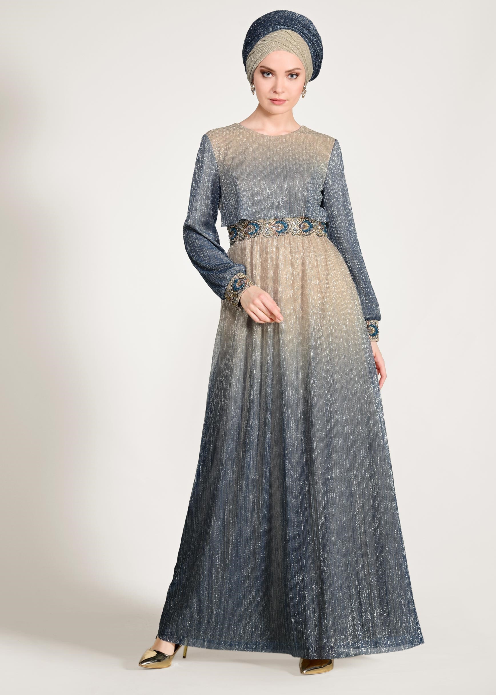 Tesettür giyim BEJ RENK GEÇİŞLİ SİMLİ ABİYE ELBİSE 5435