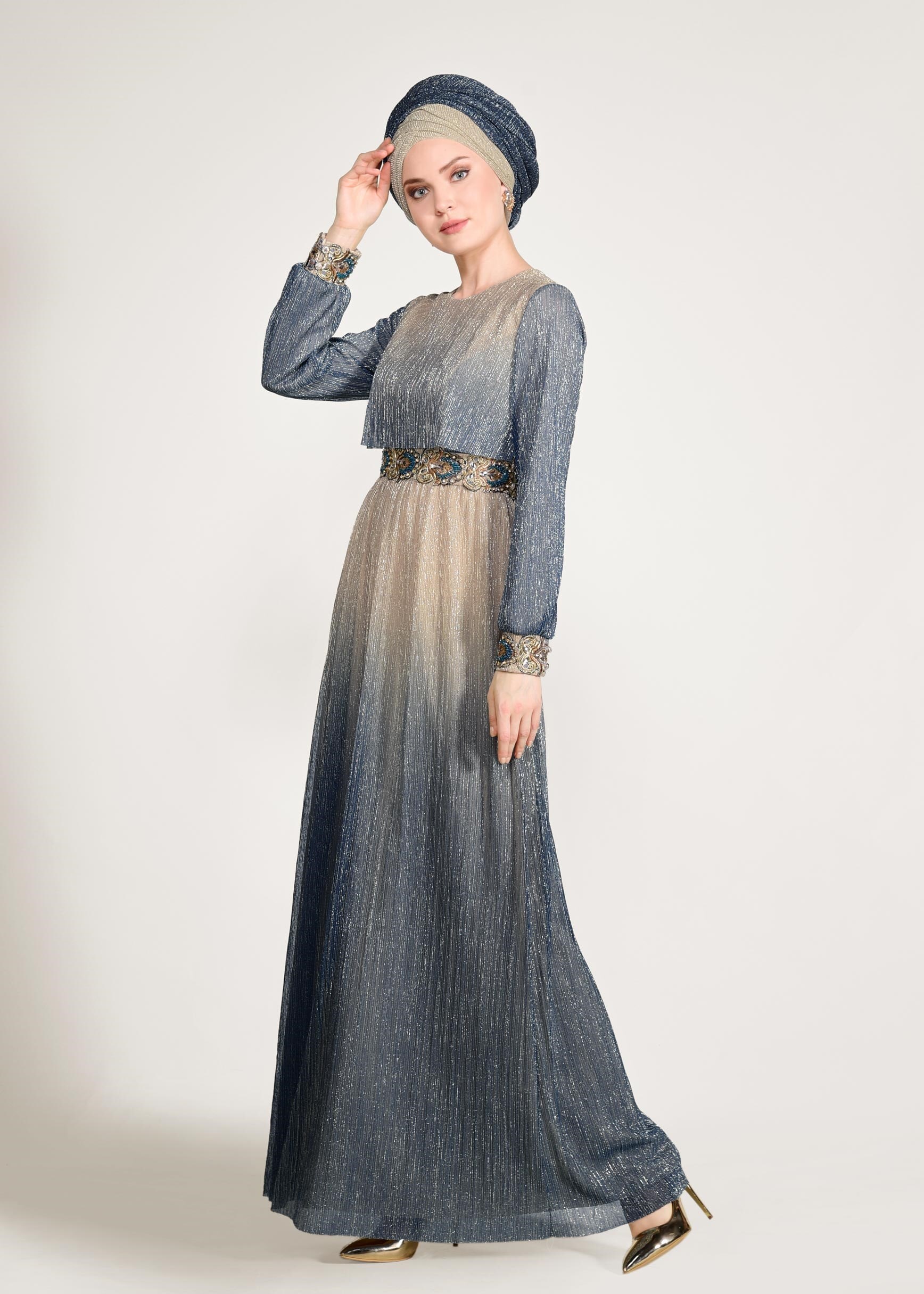 Tesettür giyim BEJ RENK GEÇİŞLİ SİMLİ ABİYE ELBİSE 5435