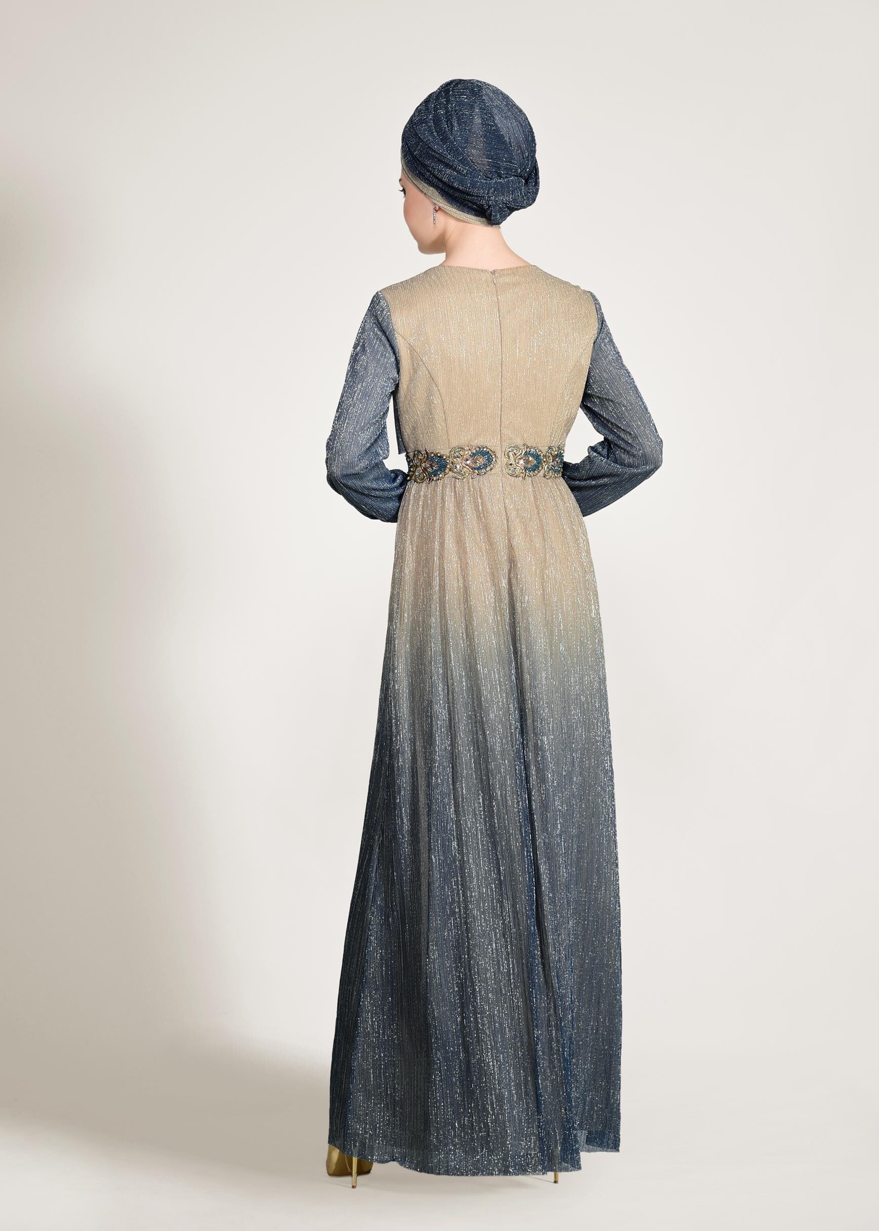 Tesettür giyim BEJ RENK GEÇİŞLİ SİMLİ ABİYE ELBİSE 5435