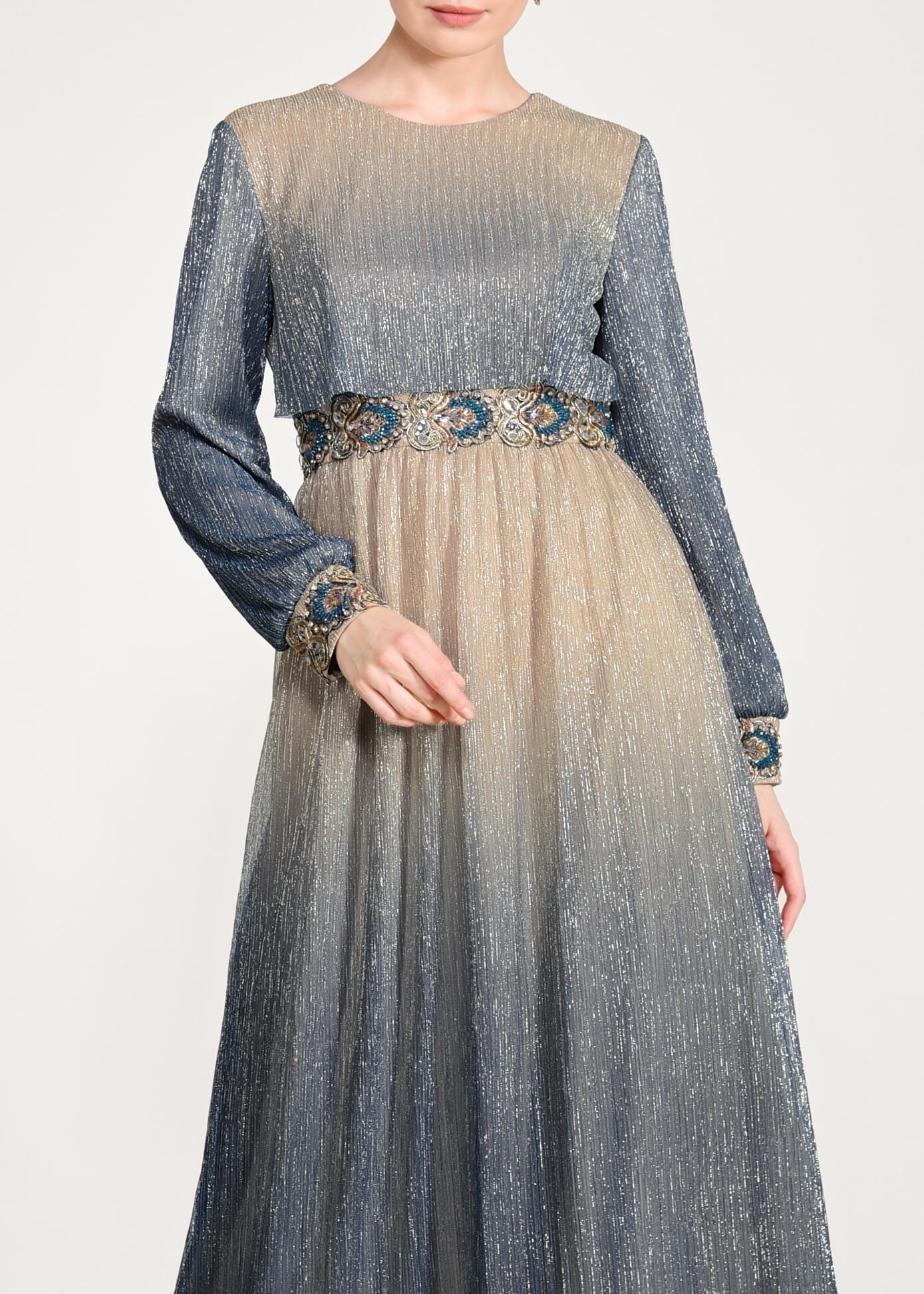 Tesettür giyim BEJ RENK GEÇİŞLİ SİMLİ ABİYE ELBİSE 5435