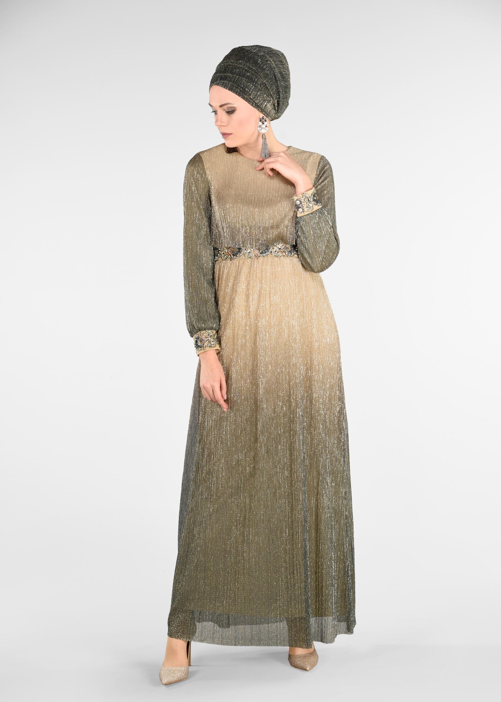 Tesettür giyim BEJ RENK GEÇİŞLİ SİMLİ ABİYE ELBİSE 5435