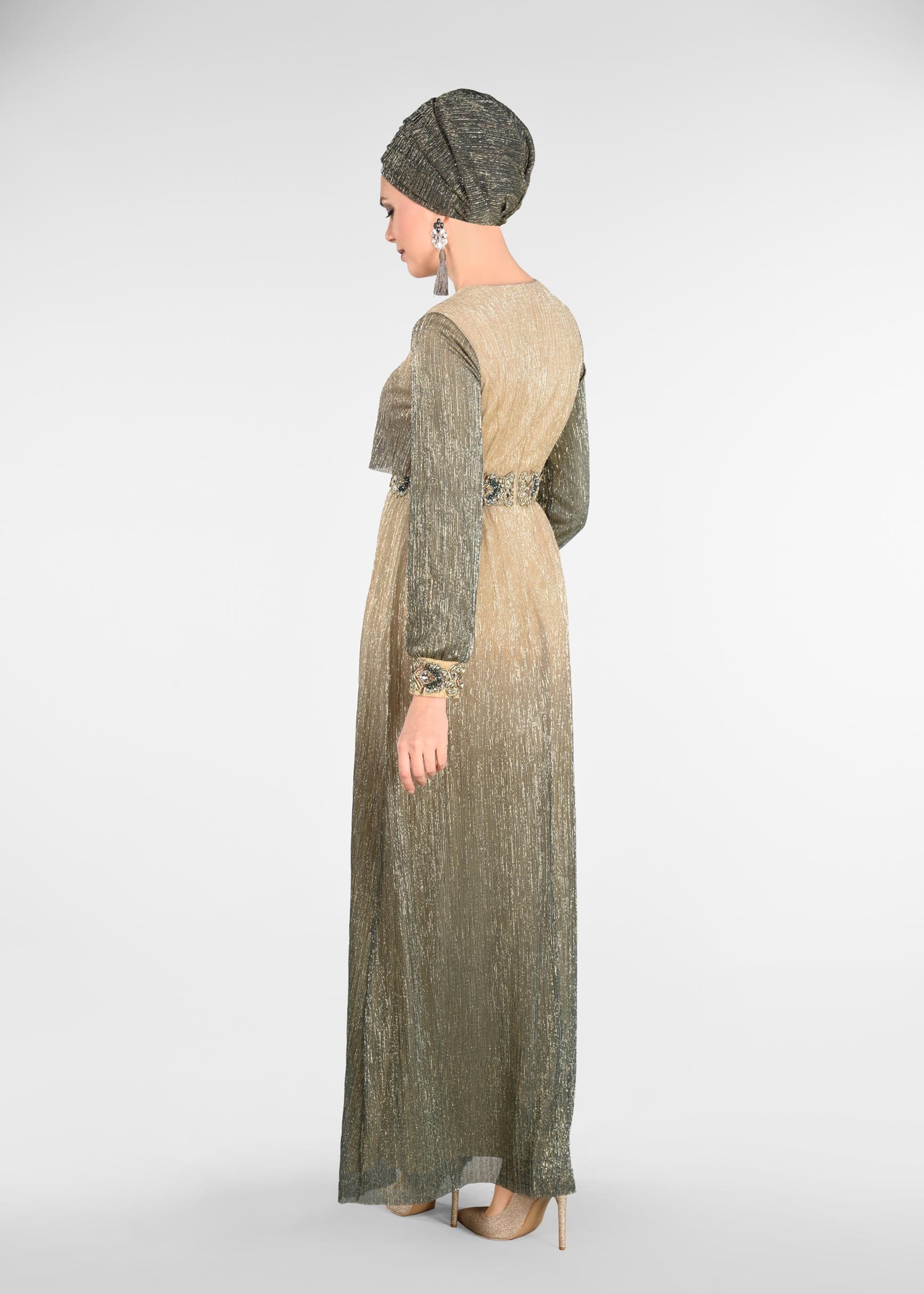 Tesettür giyim BEJ RENK GEÇİŞLİ SİMLİ ABİYE ELBİSE 5435