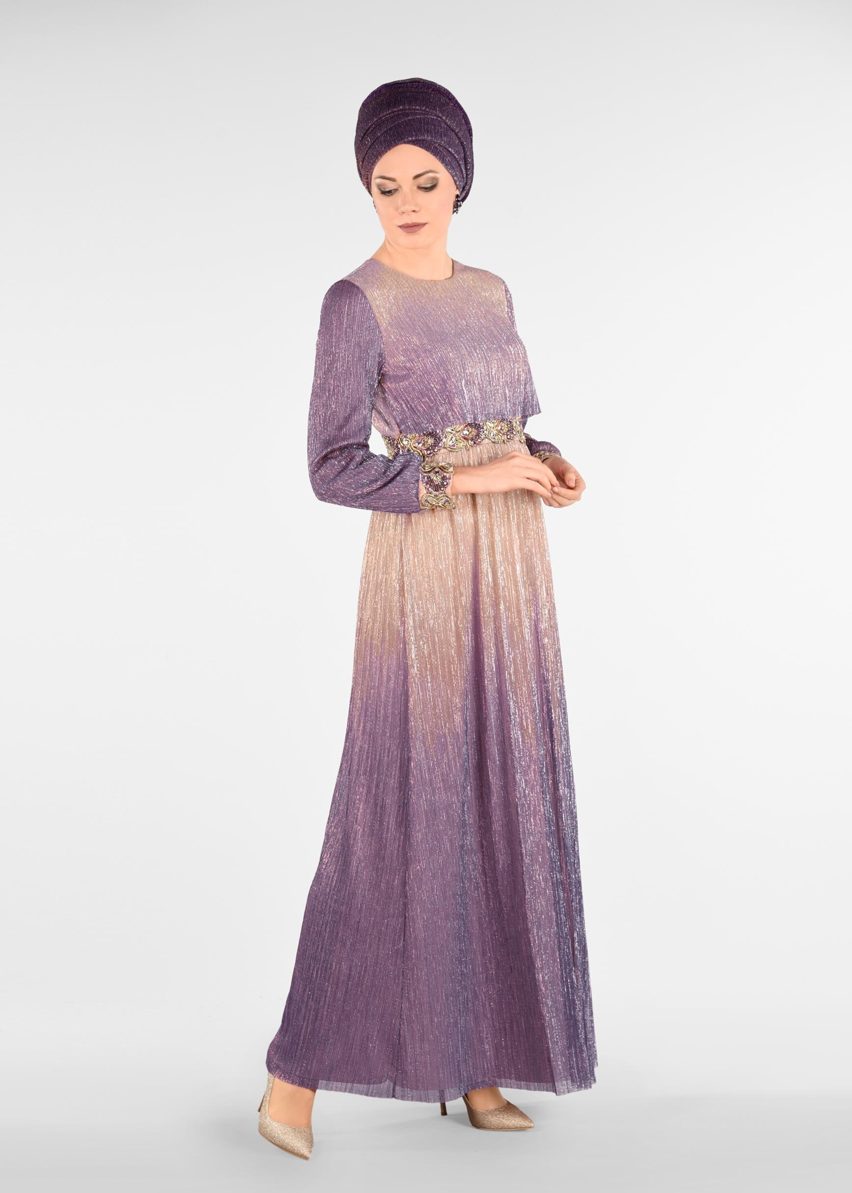 Tesettür giyim GRİ RENK GEÇİŞLİ SİMLİ ABİYE ELBİSE 5435