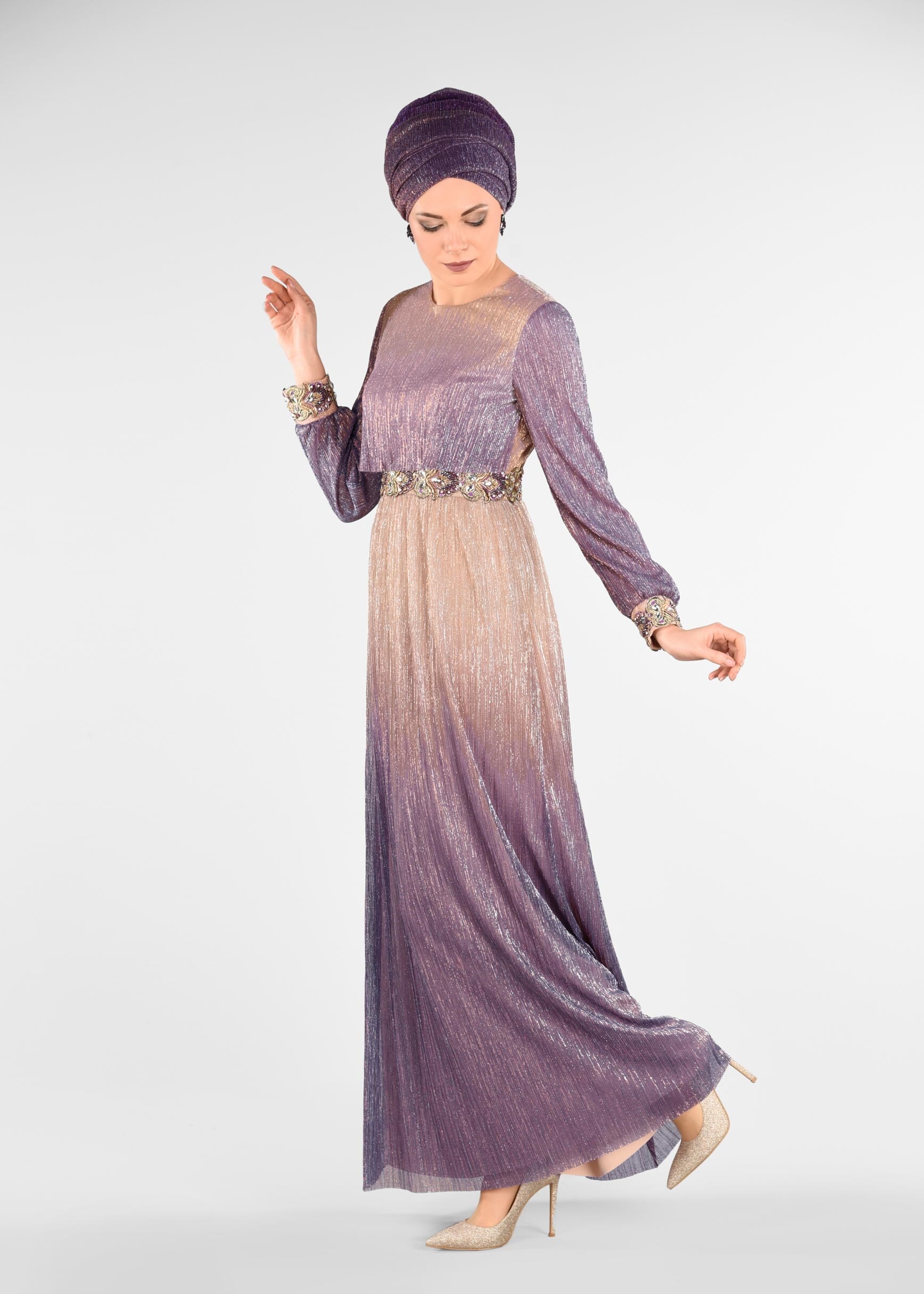 Tesettür giyim GRİ RENK GEÇİŞLİ SİMLİ ABİYE ELBİSE 5435