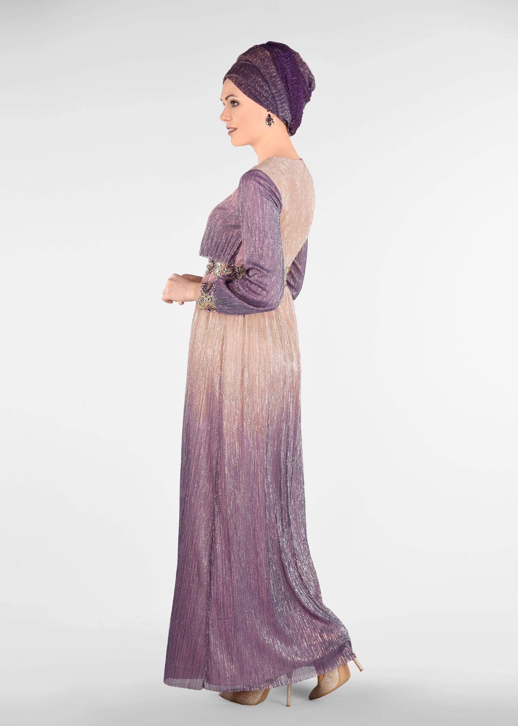 Tesettür giyim GRİ RENK GEÇİŞLİ SİMLİ ABİYE ELBİSE 5435