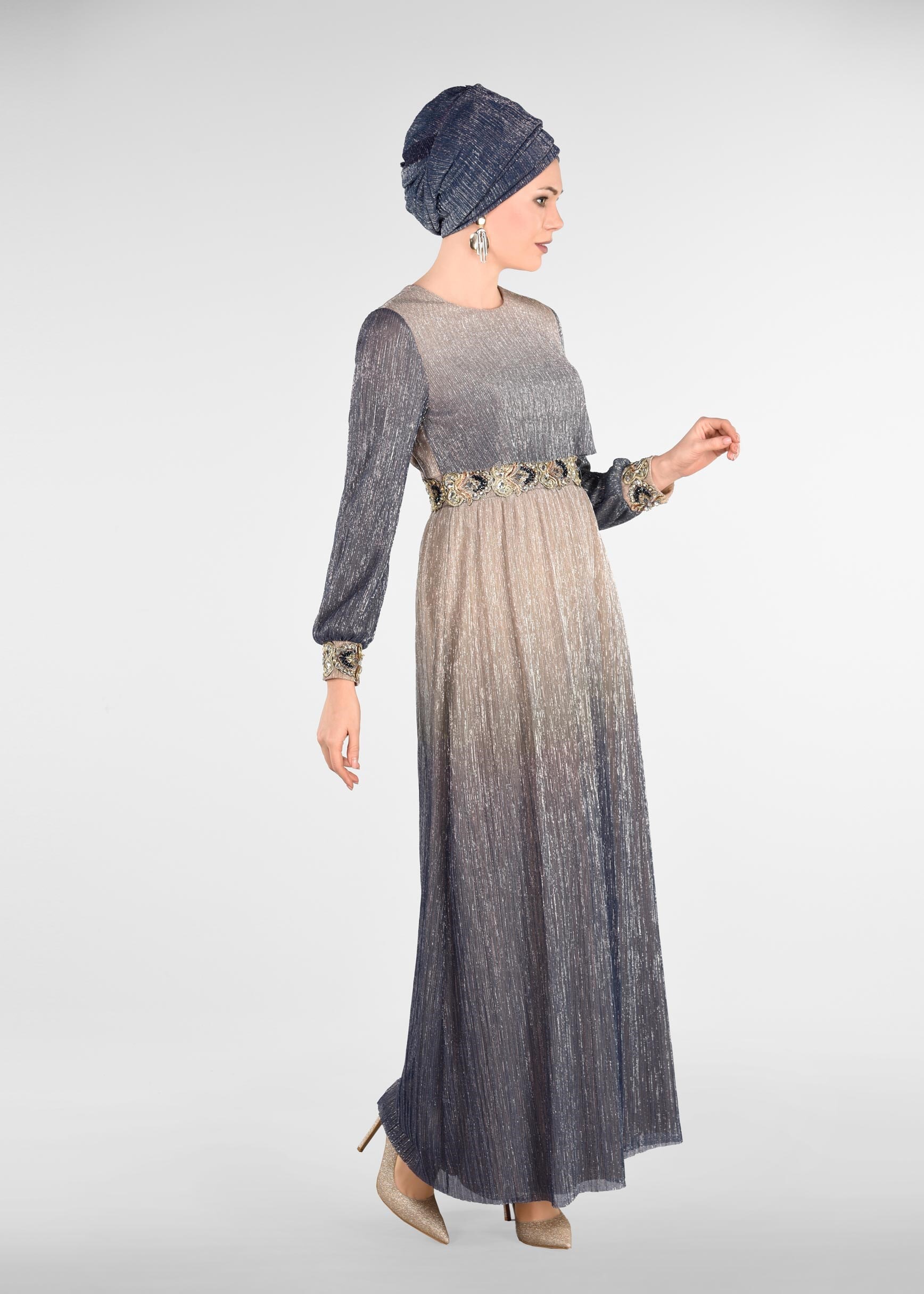 Tesettür giyim GRİ RENK GEÇİŞLİ SİMLİ ABİYE ELBİSE 5435