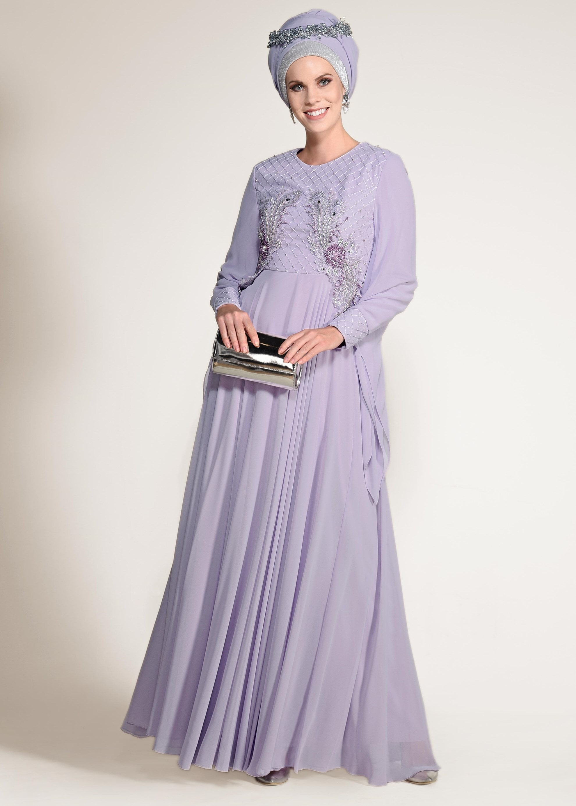 Tesettür giyim MOR BONCUK VE TAŞ İŞLEMELİ MULTİ ŞİFON ABİYE ELBİSE 5436