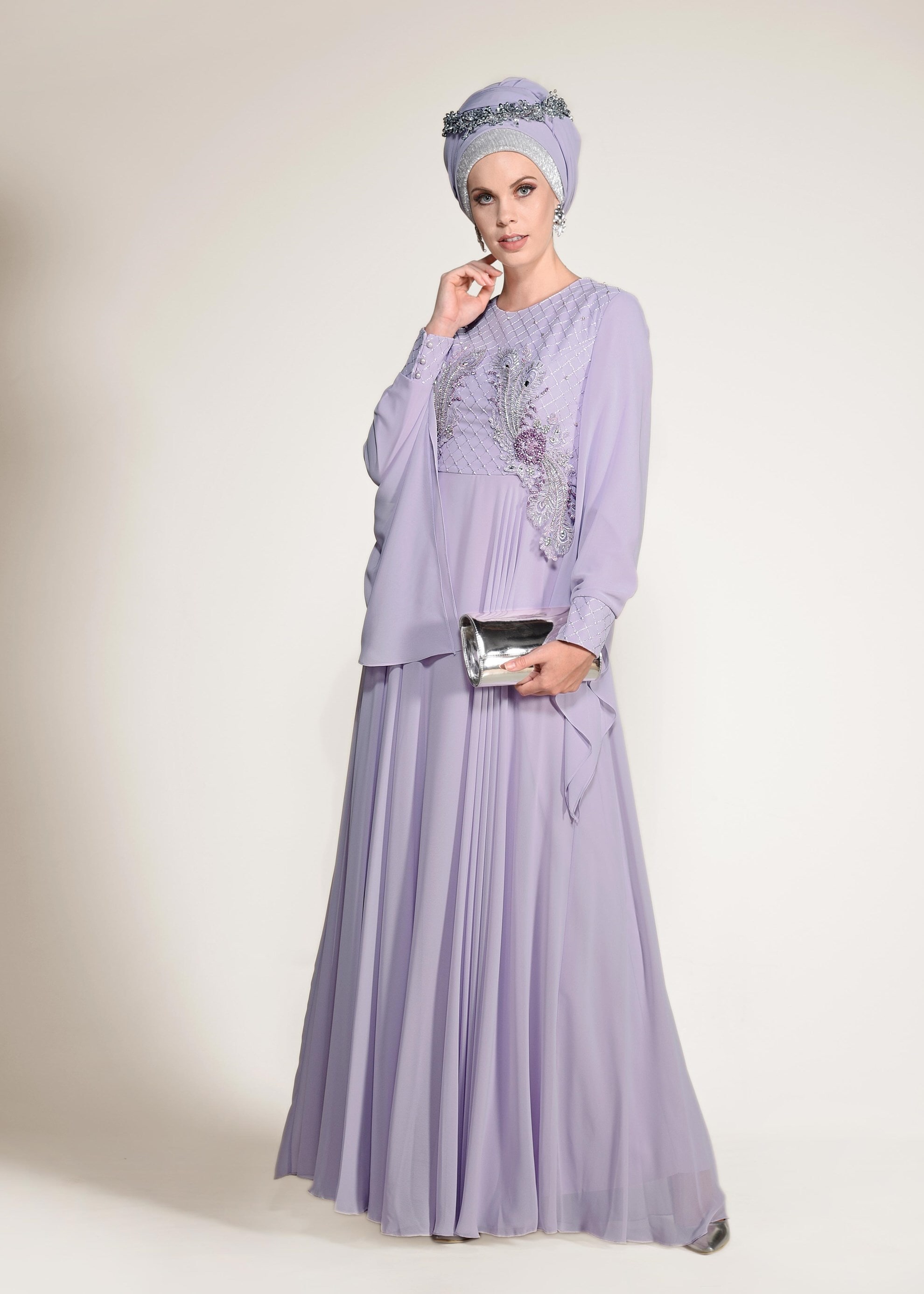 Tesettür giyim MOR BONCUK VE TAŞ İŞLEMELİ MULTİ ŞİFON ABİYE ELBİSE 5436