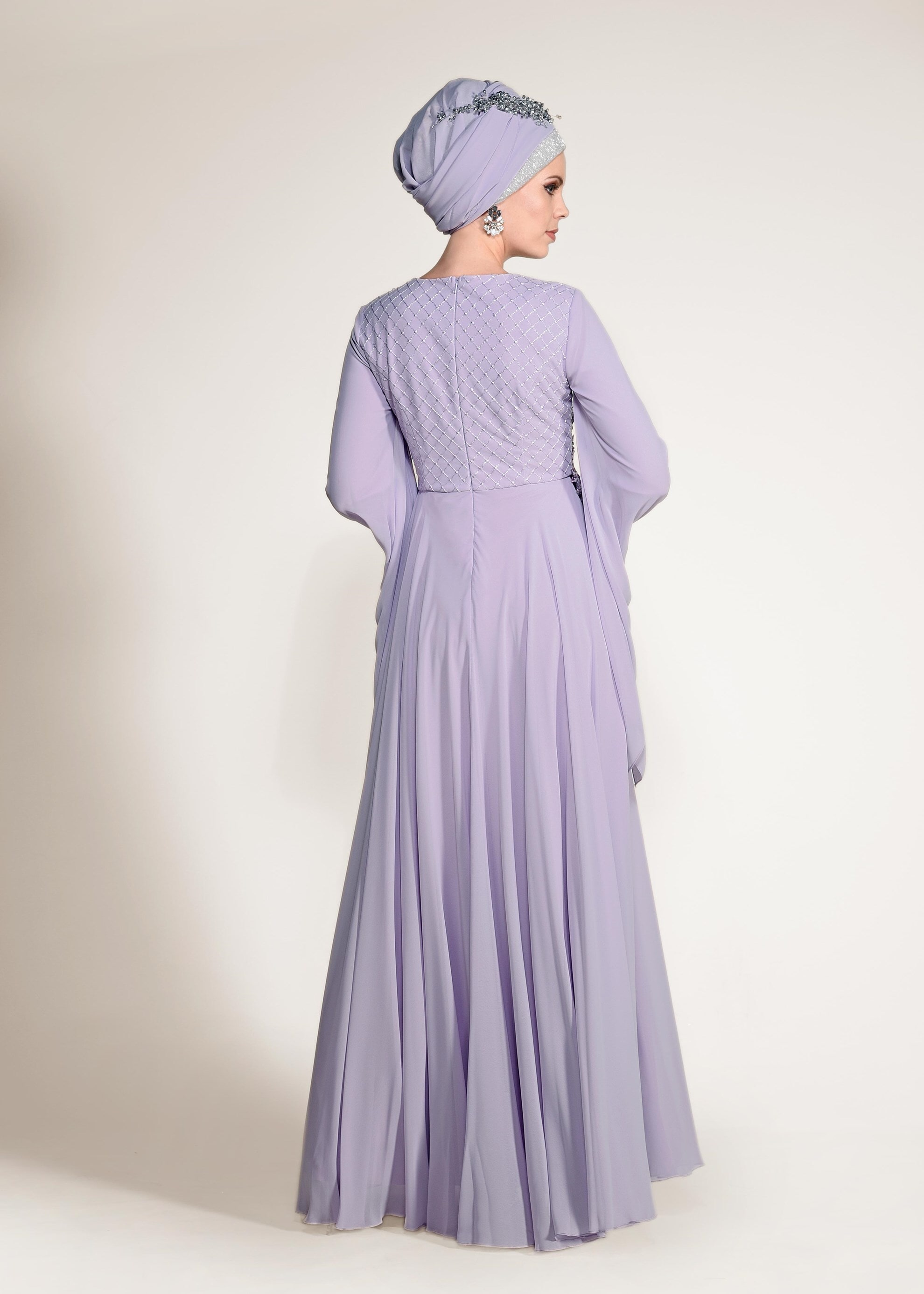 Tesettür giyim MOR BONCUK VE TAŞ İŞLEMELİ MULTİ ŞİFON ABİYE ELBİSE 5436