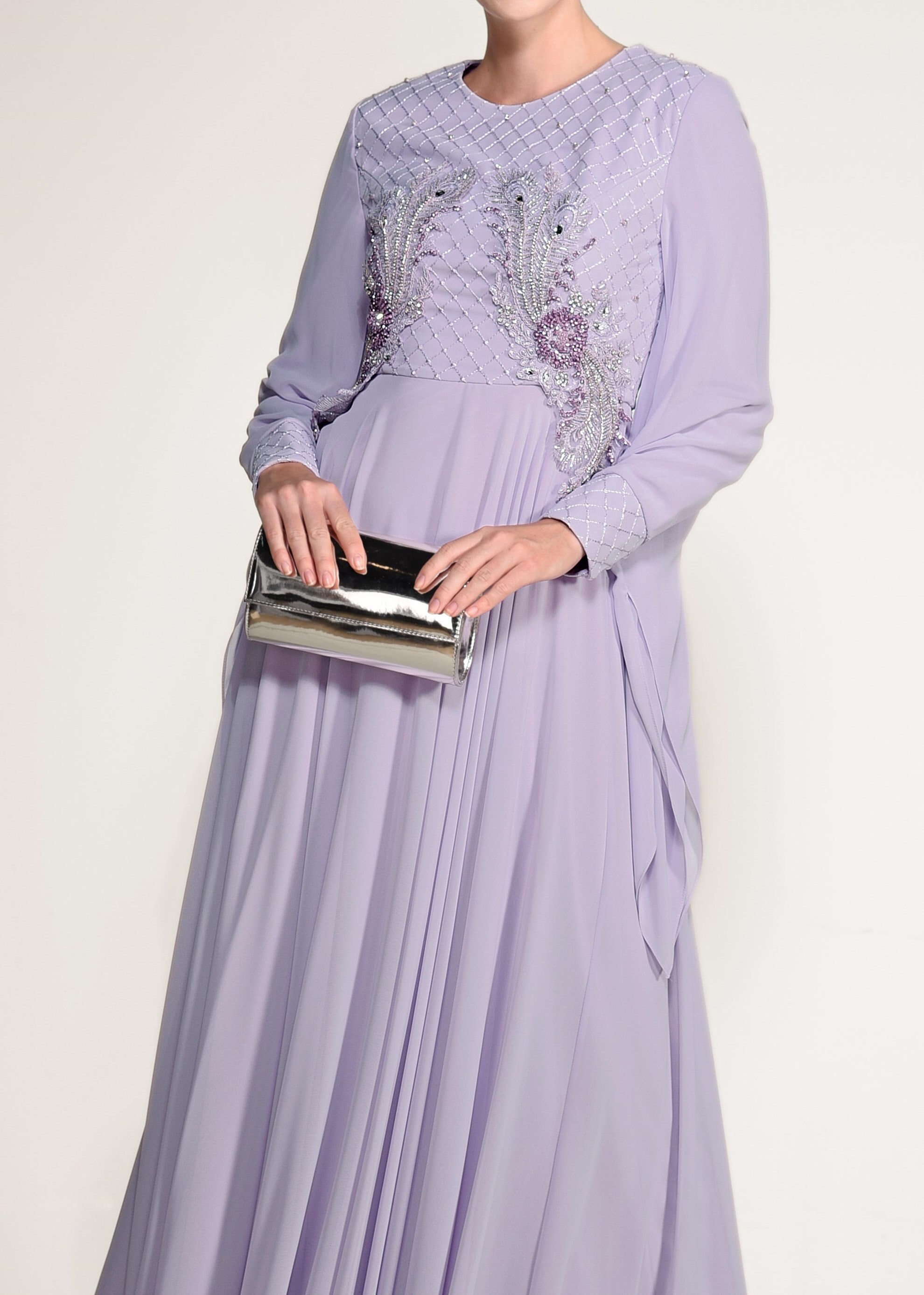 Tesettür giyim MOR BONCUK VE TAŞ İŞLEMELİ MULTİ ŞİFON ABİYE ELBİSE 5436