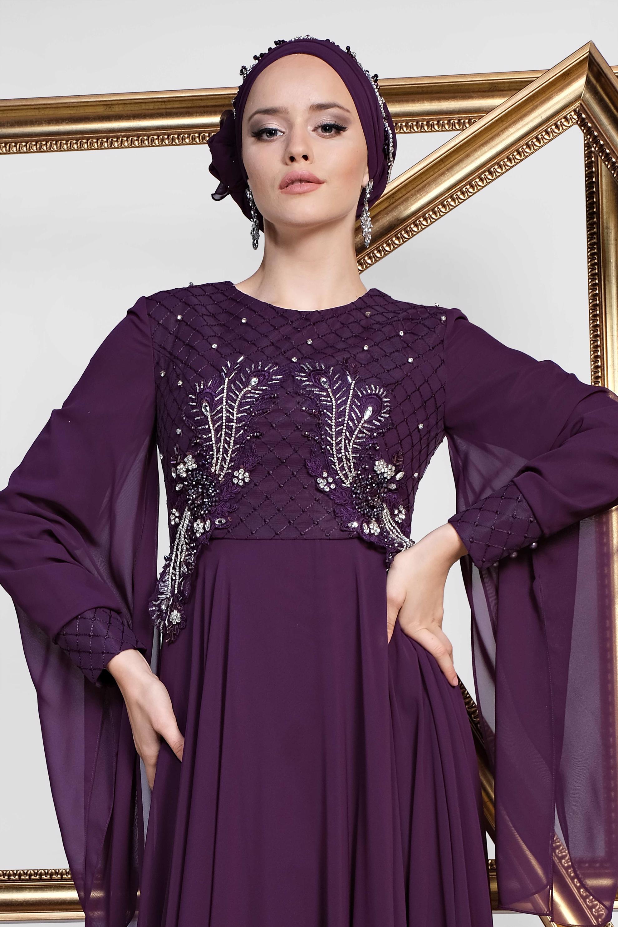 Tesettür giyim MOR BONCUK VE TAŞ İŞLEMELİ MULTİ ŞİFON ABİYE ELBİSE 5436