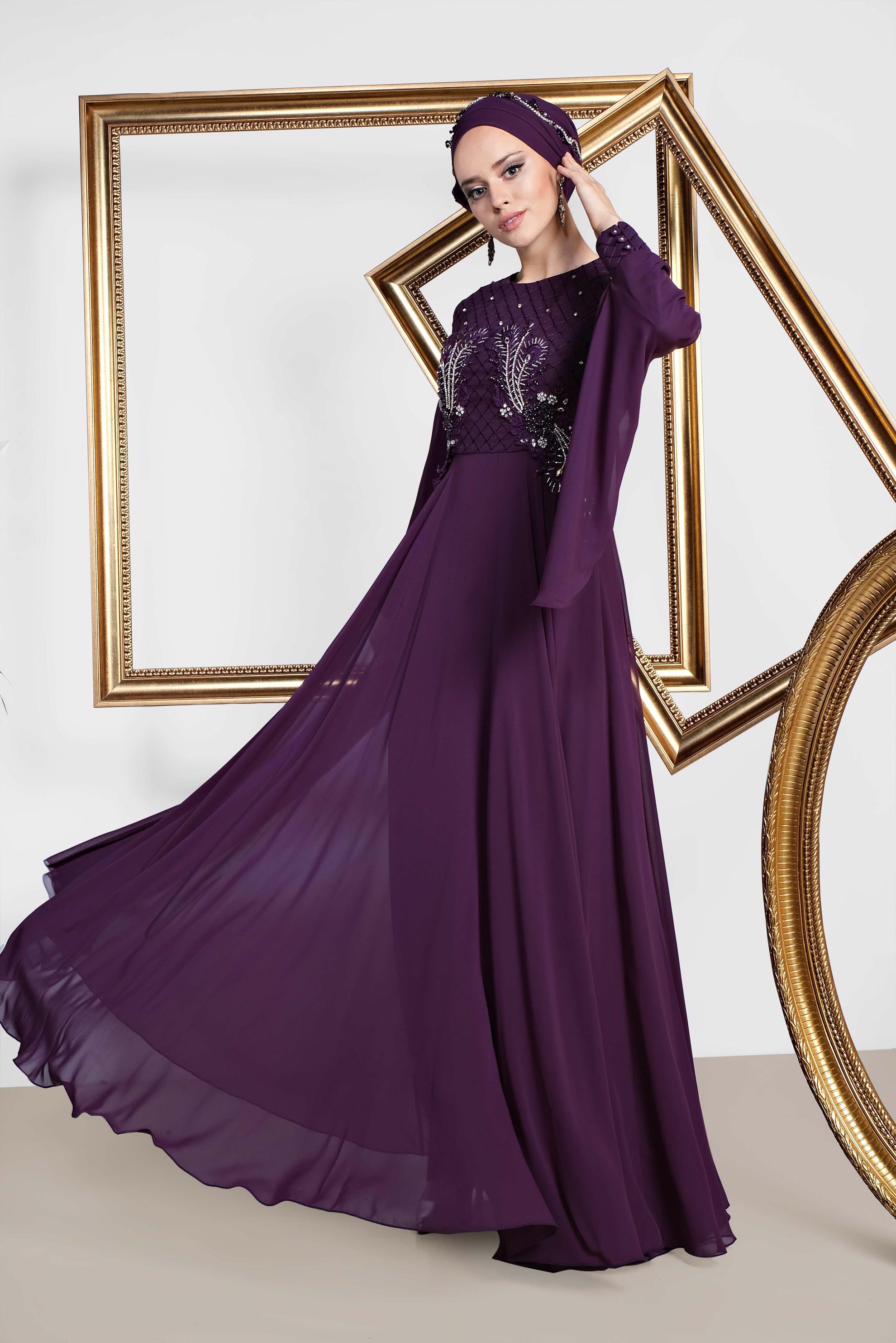Tesettür giyim MOR BONCUK VE TAŞ İŞLEMELİ MULTİ ŞİFON ABİYE ELBİSE 5436