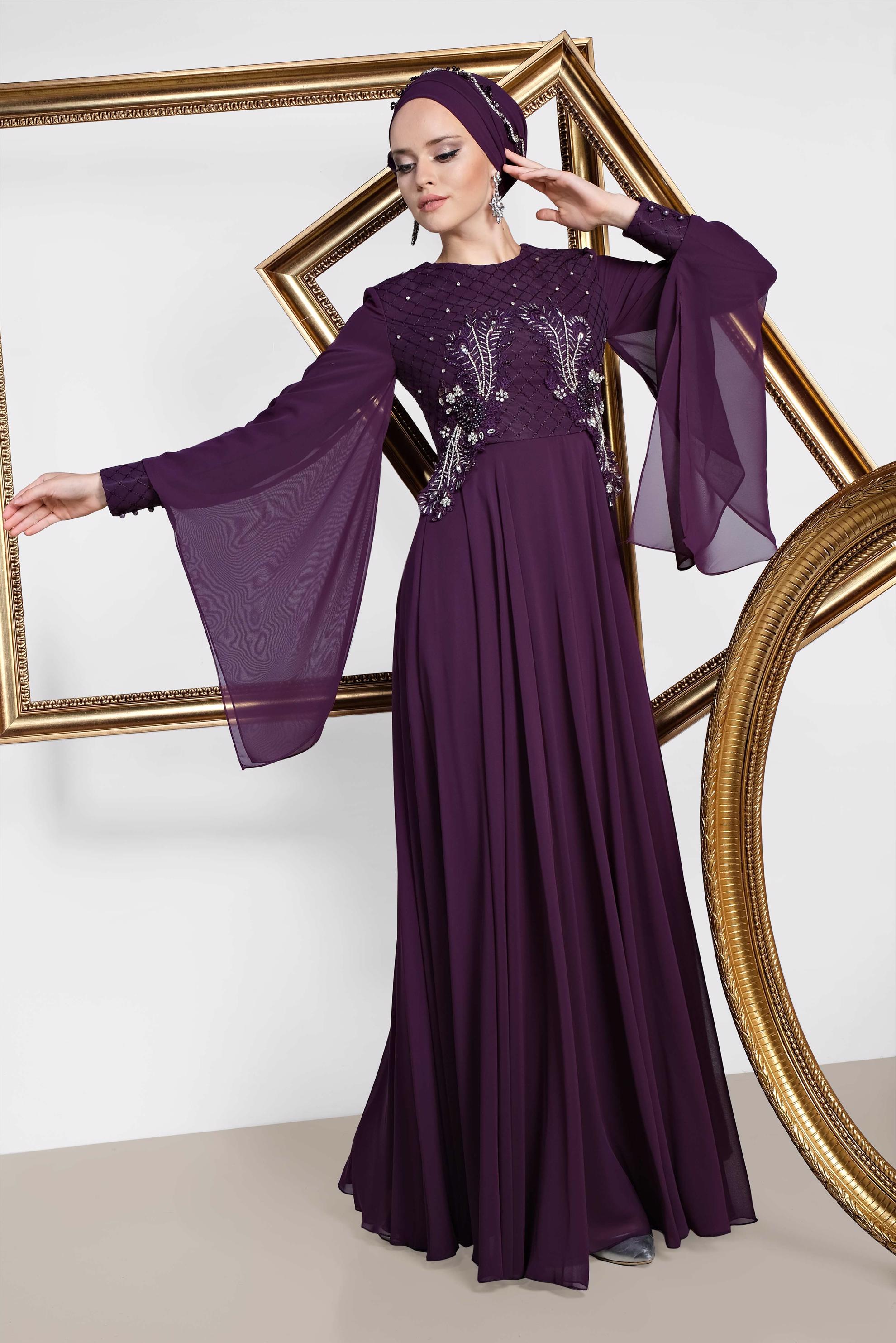 Tesettür giyim MOR BONCUK VE TAŞ İŞLEMELİ MULTİ ŞİFON ABİYE ELBİSE 5436