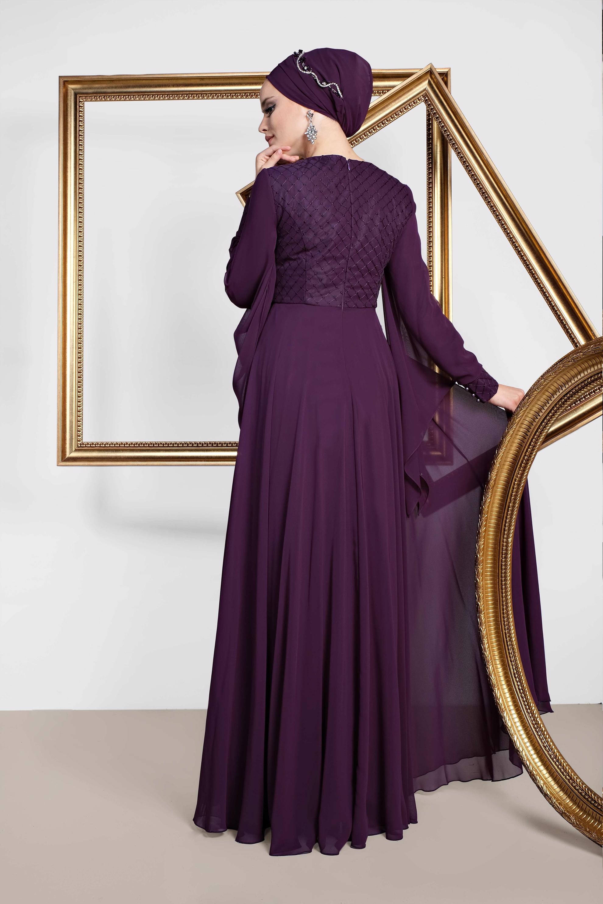 Tesettür giyim MOR BONCUK VE TAŞ İŞLEMELİ MULTİ ŞİFON ABİYE ELBİSE 5436