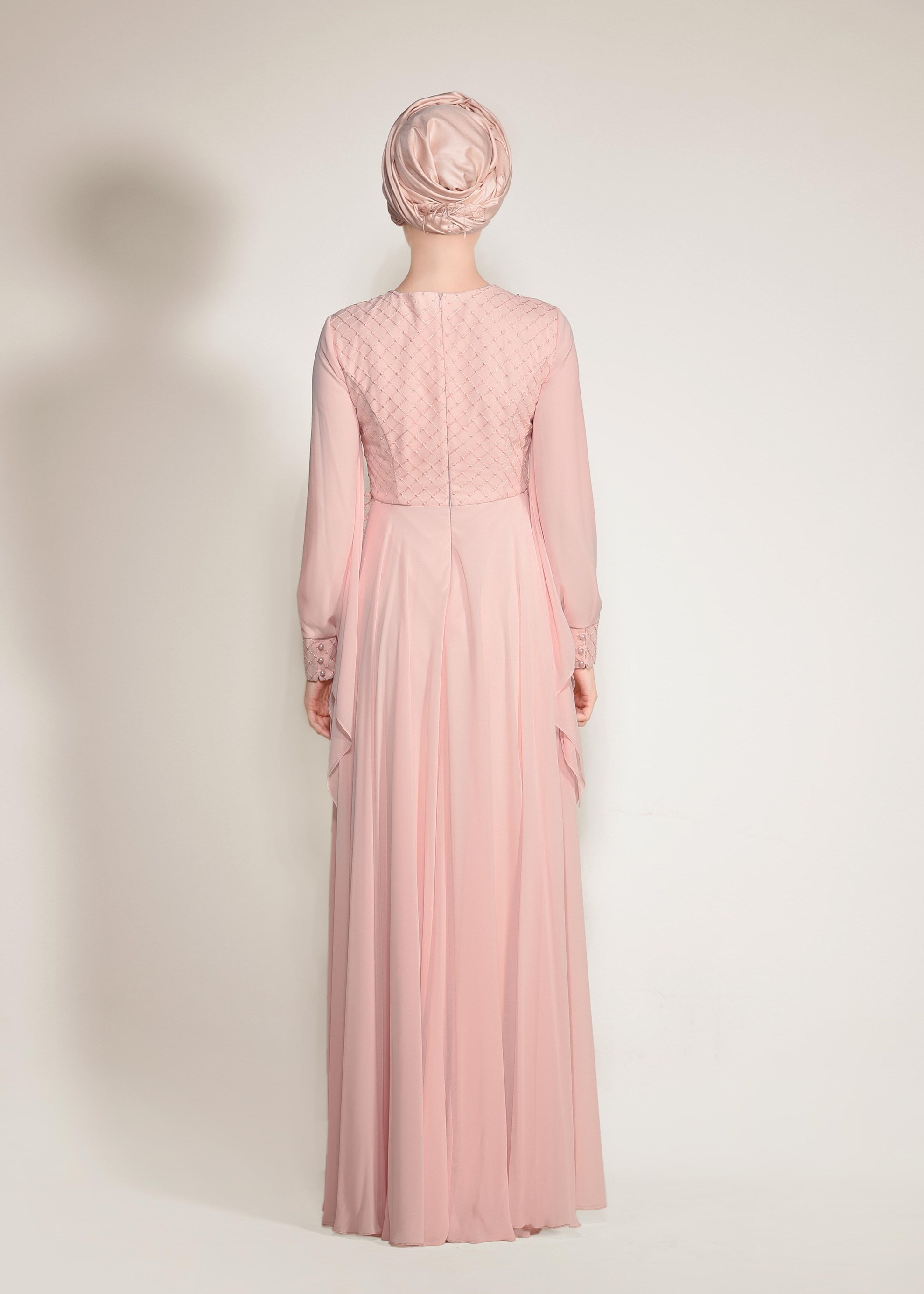 Tesettür giyim PUDRA BONCUK VE TAŞ İŞLEMELİ MULTİ ŞİFON ABİYE ELBİSE 5436