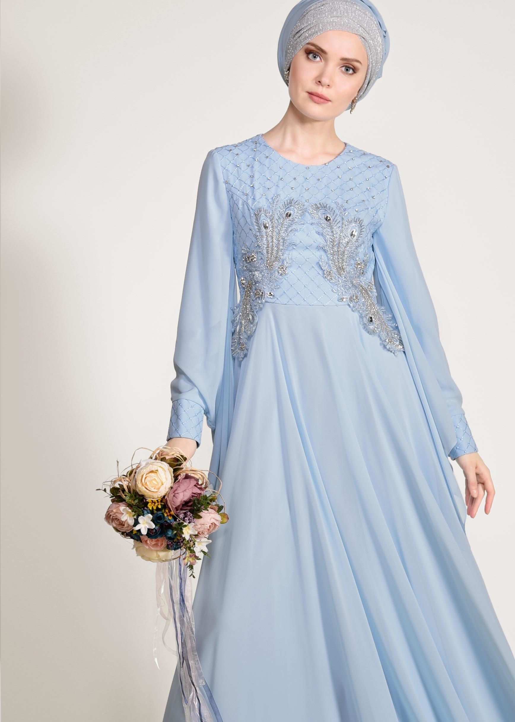 Tesettür giyim MAVİ BONCUK VE TAŞ İŞLEMELİ MULTİ ŞİFON ABİYE ELBİSE 5436